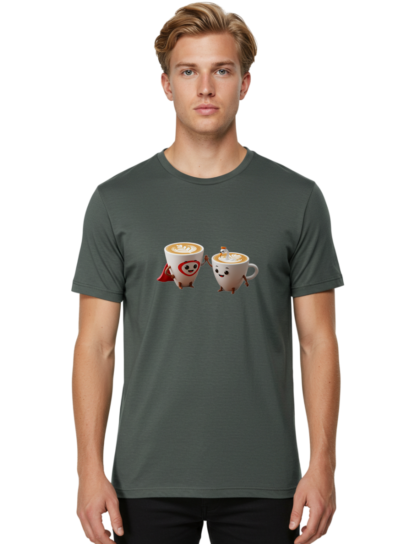 Cappuccino-Friends Men'S Graphic Tee, 100% Cotton, Comfortable Casual Summer Wear, Machine Washable, Cartoon Coffee Cups, Anthropomorphic Coffee, Latte Art, Coffee Lovers, Friendly Cups, Holding Hands, Cute Characters, Cartoon Illustrations, Bab711 24