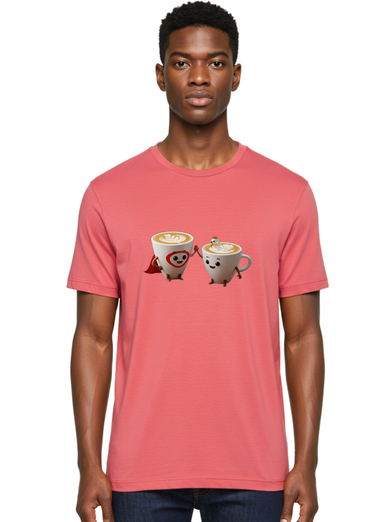 Cappuccino-Friends Men'S Graphic Tee, 100% Cotton, Comfortable Casual Summer Wear, Machine Washable, Cartoon Coffee Cups, Anthropomorphic Coffee, Latte Art, Coffee Lovers, Friendly Cups, Holding Hands, Cute Characters, Cartoon Illustrations, Bab711 21