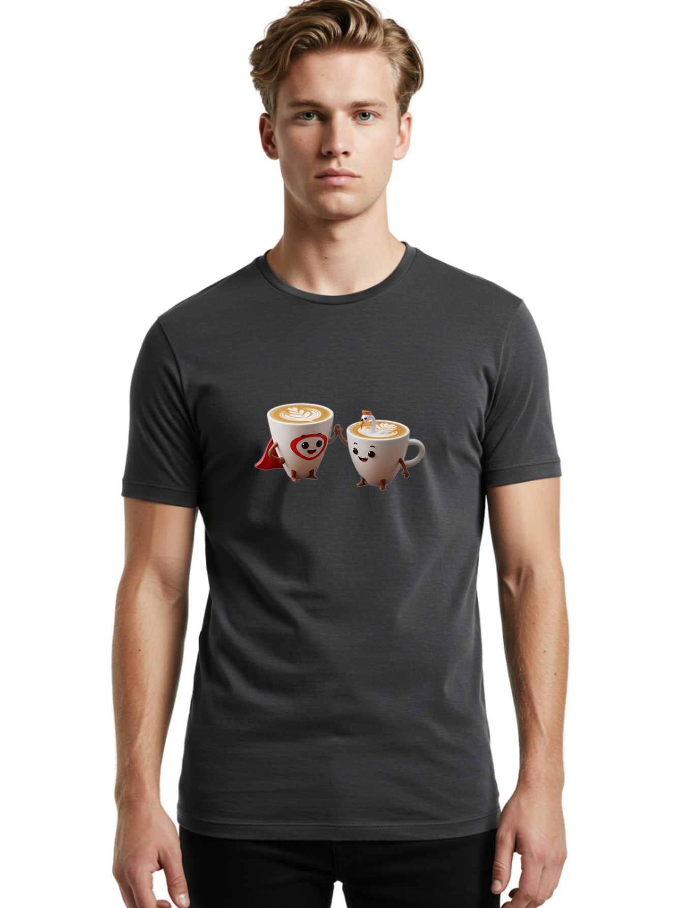 Cappuccino-Friends Men'S Graphic Tee, 100% Cotton, Comfortable Casual Summer Wear, Machine Washable, Cartoon Coffee Cups, Anthropomorphic Coffee, Latte Art, Coffee Lovers, Friendly Cups, Holding Hands, Cute Characters, Cartoon Illustrations, Bab711 28