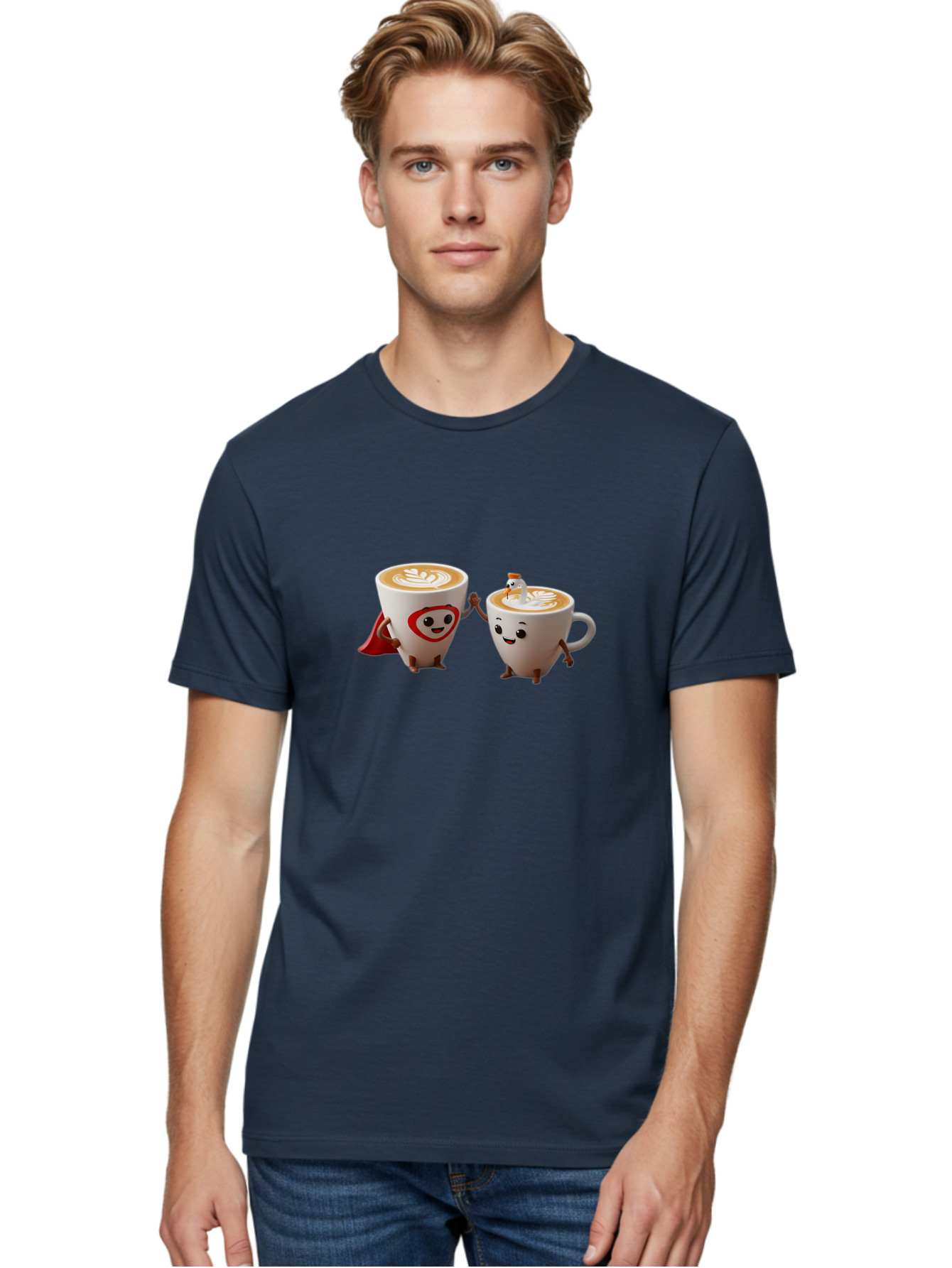 Cappuccino-Friends Men'S Graphic Tee, 100% Cotton, Comfortable Casual Summer Wear, Machine Washable, Cartoon Coffee Cups, Anthropomorphic Coffee, Latte Art, Coffee Lovers, Friendly Cups, Holding Hands, Cute Characters, Cartoon Illustrations, Bab711 20