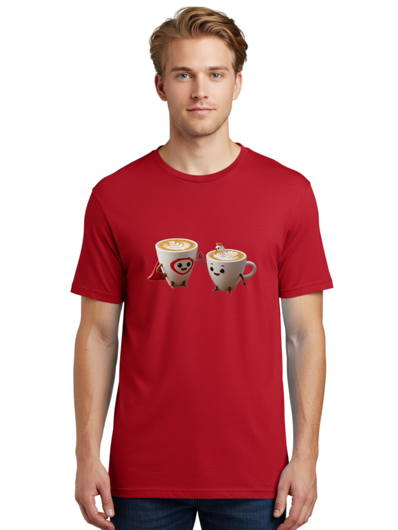 Cappuccino-Friends Men'S Graphic Tee, 100% Cotton, Comfortable Casual Summer Wear, Machine Washable, Cartoon Coffee Cups, Anthropomorphic Coffee, Latte Art, Coffee Lovers, Friendly Cups, Holding Hands, Cute Characters, Cartoon Illustrations, Bab711 27