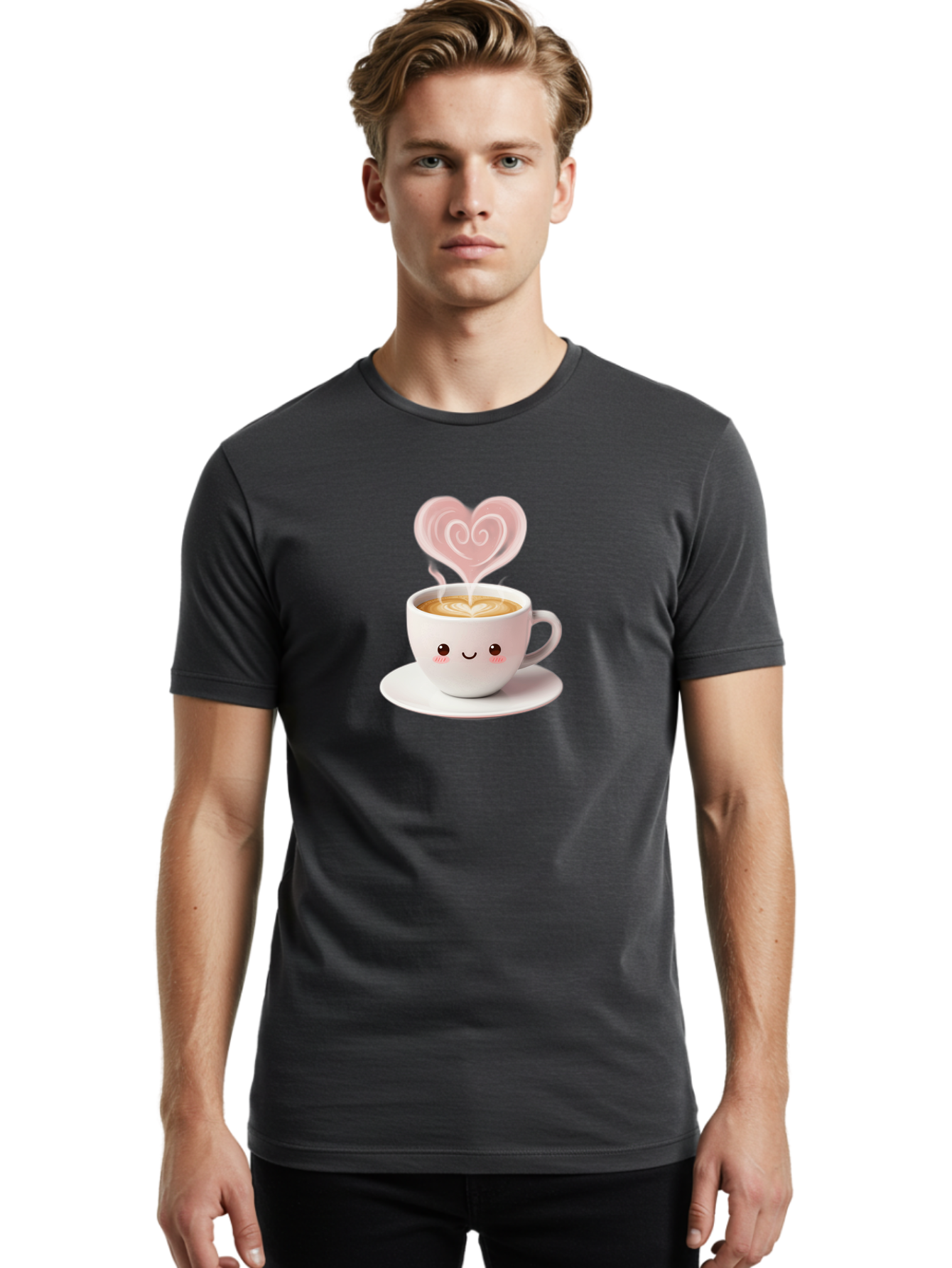 Cappuccino-Heart Men'S Graphic Tee, 100% Cotton, Comfortable Casual Summer Wear, Machine Washable, Cute Coffee Cup, Coffee Art, Heart Design, Steaming Hot Coffee, Coffee Lover, Latte Art, Morning Coffee, Happy Face, Coffee Break, Bab712 22