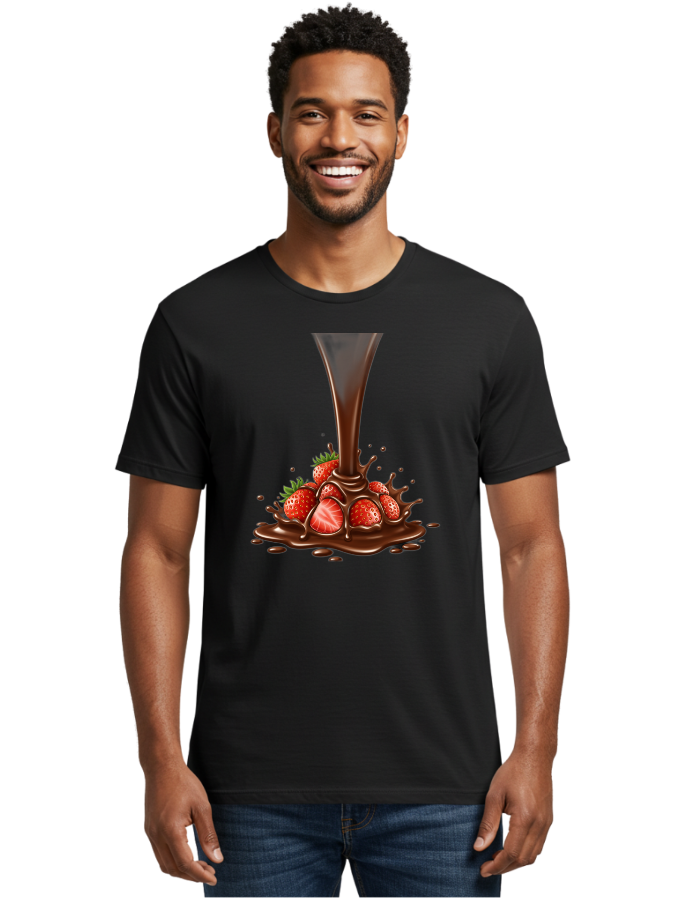 Chocolate-And-Strawberries Men'S Graphic Tee, 100% Cotton, Comfortable Casual Summer Wear, Machine Washable, Chocolate Sauce Pouring, Strawberries, Sweet Treat, Dessert, Indulgent, Chocolate Fondue, Strawberries And Chocolate, Dessert Lover, Bab737 21