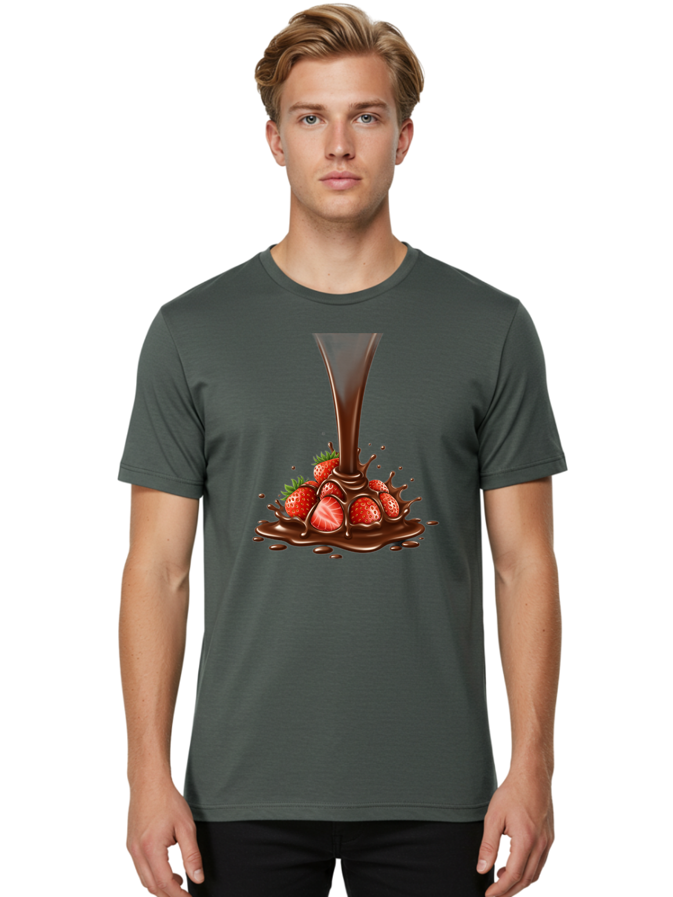 Chocolate-And-Strawberries Men'S Graphic Tee, 100% Cotton, Comfortable Casual Summer Wear, Machine Washable, Chocolate Sauce Pouring, Strawberries, Sweet Treat, Dessert, Indulgent, Chocolate Fondue, Strawberries And Chocolate, Dessert Lover, Bab737 24