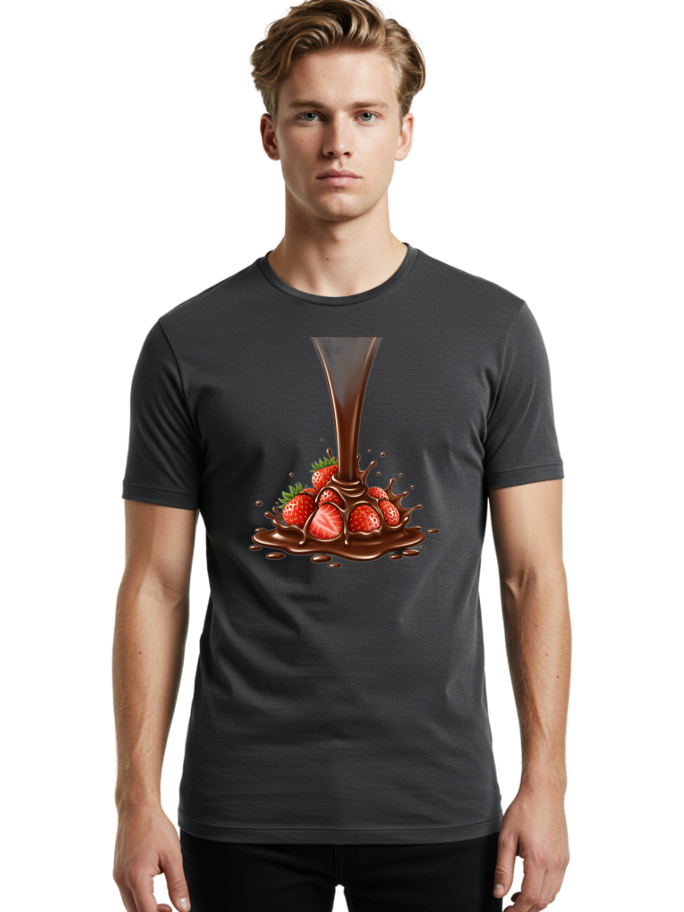 Chocolate-And-Strawberries Men'S Graphic Tee, 100% Cotton, Comfortable Casual Summer Wear, Machine Washable, Chocolate Sauce Pouring, Strawberries, Sweet Treat, Dessert, Indulgent, Chocolate Fondue, Strawberries And Chocolate, Dessert Lover, Bab737 27