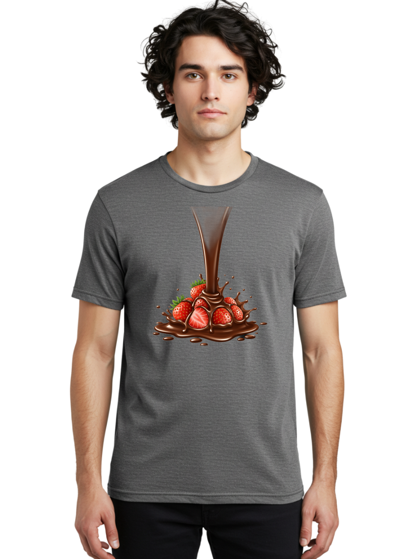 Chocolate-And-Strawberries Men'S Graphic Tee, 100% Cotton, Comfortable Casual Summer Wear, Machine Washable, Chocolate Sauce Pouring, Strawberries, Sweet Treat, Dessert, Indulgent, Chocolate Fondue, Strawberries And Chocolate, Dessert Lover, Bab737 23