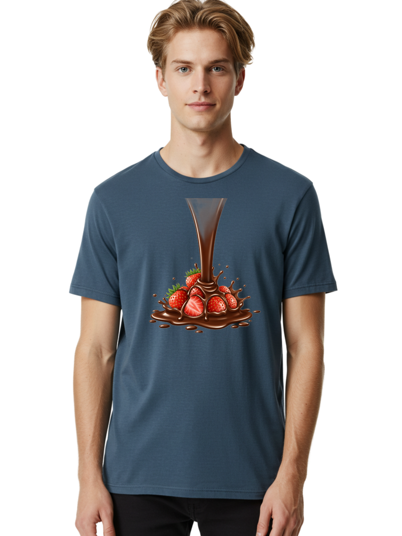 Chocolate-And-Strawberries Men'S Graphic Tee, 100% Cotton, Comfortable Casual Summer Wear, Machine Washable, Chocolate Sauce Pouring, Strawberries, Sweet Treat, Dessert, Indulgent, Chocolate Fondue, Strawberries And Chocolate, Dessert Lover, Bab737 30