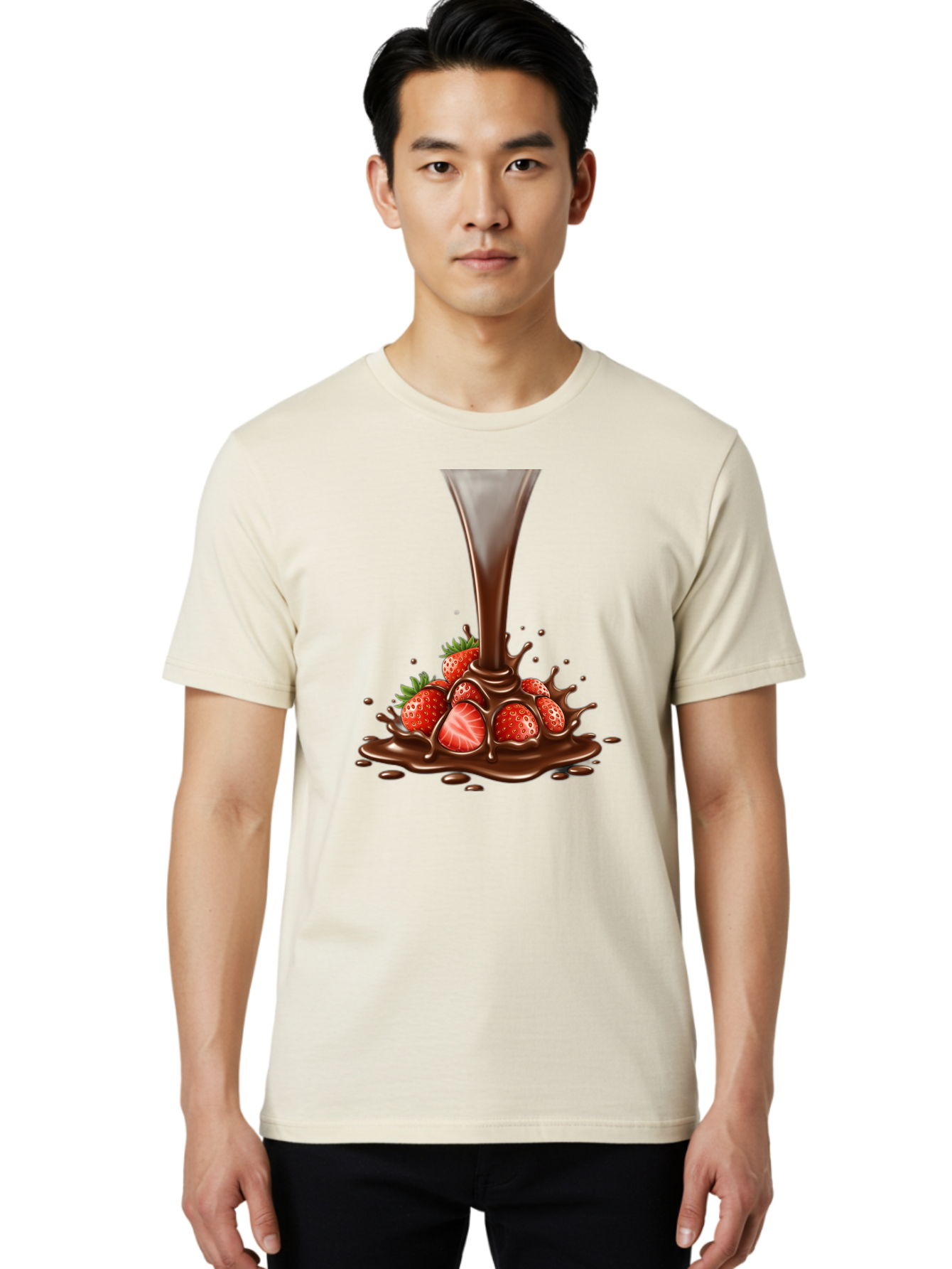 Chocolate-And-Strawberries Men'S Graphic Tee, 100% Cotton, Comfortable Casual Summer Wear, Machine Washable, Chocolate Sauce Pouring, Strawberries, Sweet Treat, Dessert, Indulgent, Chocolate Fondue, Strawberries And Chocolate, Dessert Lover, Bab737 18