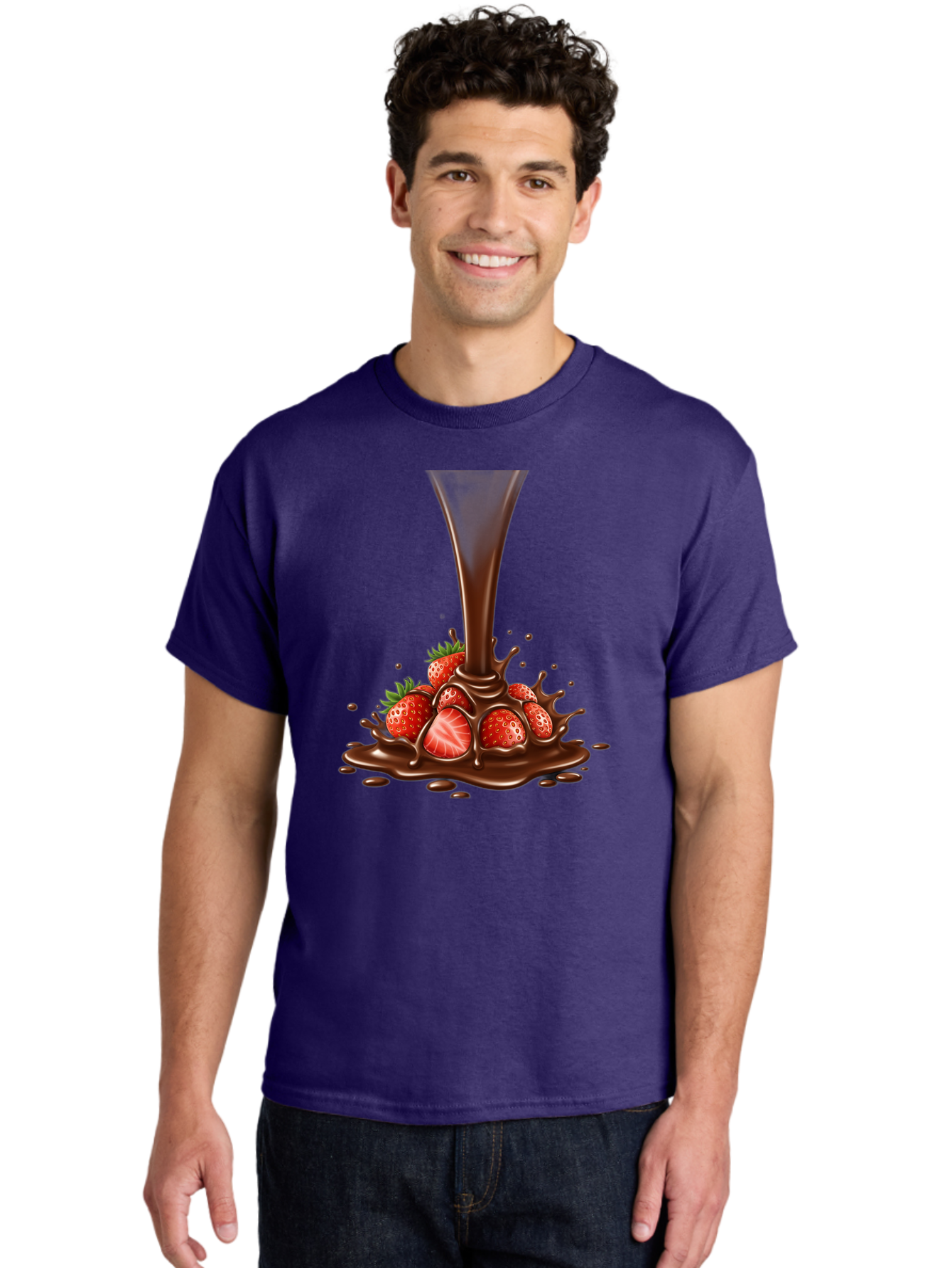 Chocolate-And-Strawberries Men'S Graphic Tee, 100% Cotton, Comfortable Casual Summer Wear, Machine Washable, Chocolate Sauce Pouring, Strawberries, Sweet Treat, Dessert, Indulgent, Chocolate Fondue, Strawberries And Chocolate, Dessert Lover, Bab737 17