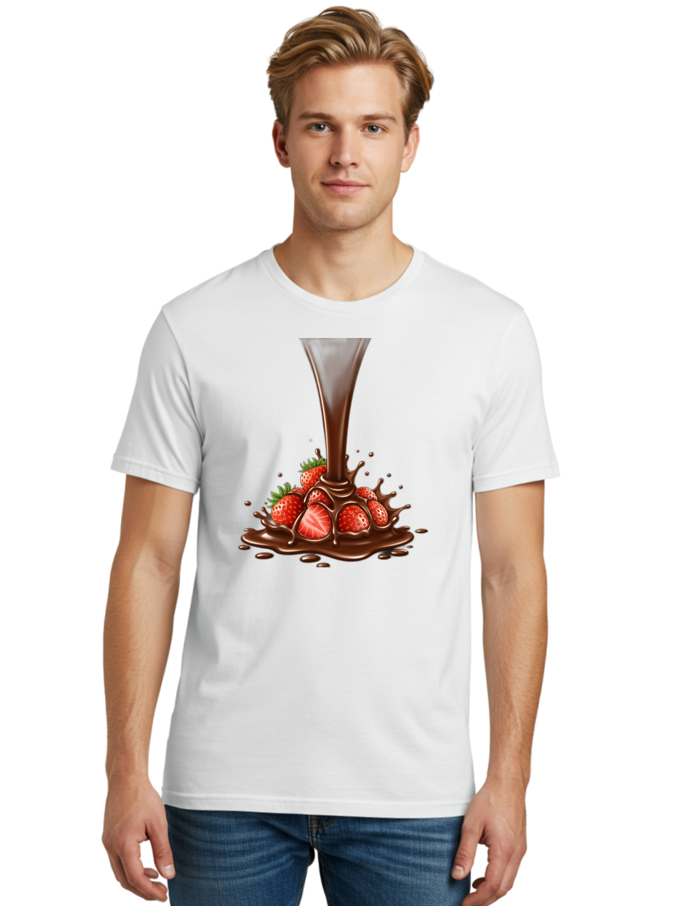 Chocolate-And-Strawberries Men'S Graphic Tee, 100% Cotton, Comfortable Casual Summer Wear, Machine Washable, Chocolate Sauce Pouring, Strawberries, Sweet Treat, Dessert, Indulgent, Chocolate Fondue, Strawberries And Chocolate, Dessert Lover, Bab737 16