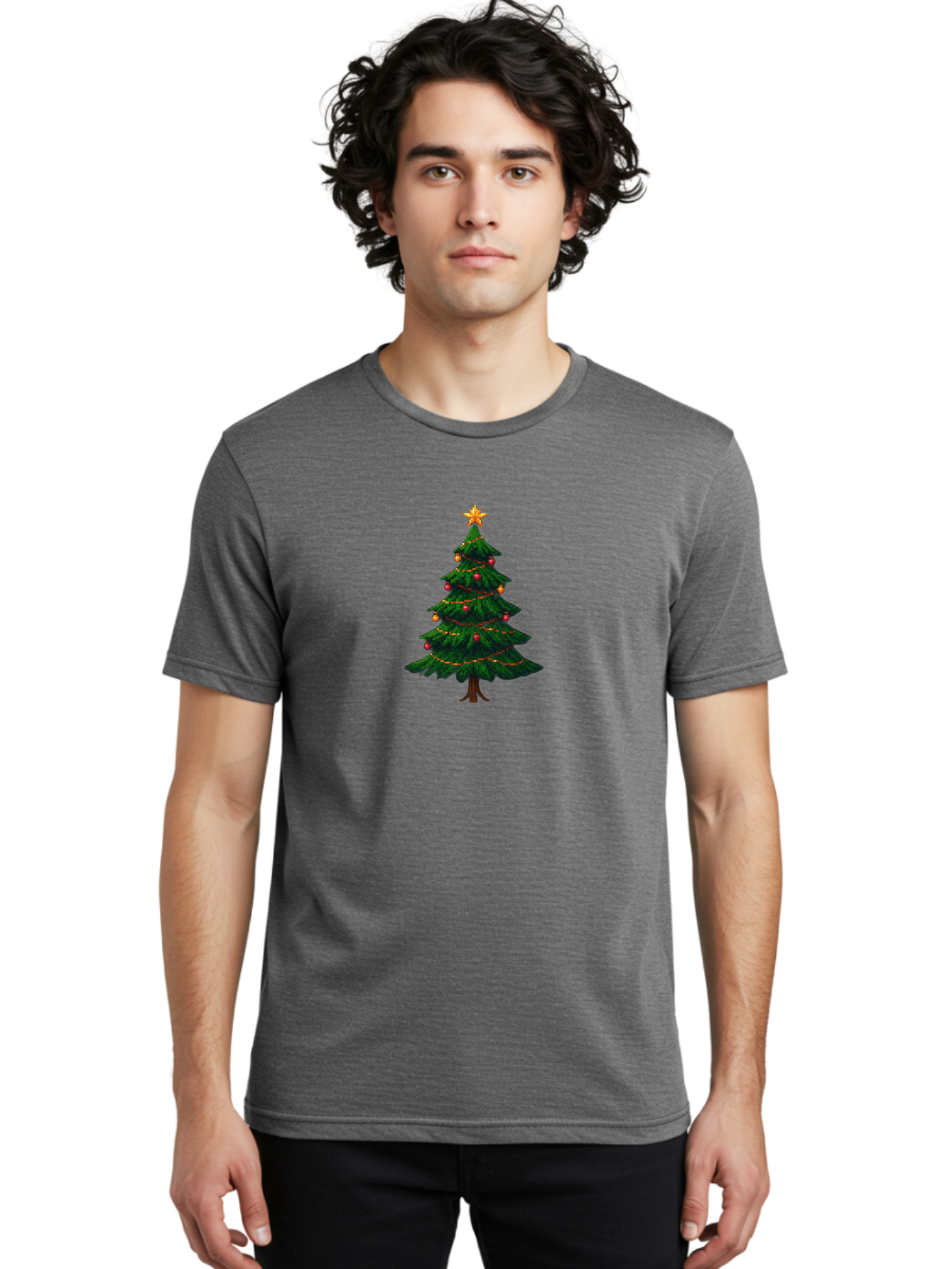 Christmas-Tree-1 Men'S Graphic Tee, 100% Cotton, Comfortable Casual Summer Wear, Machine Washable, Christmas Tree Illustration, Decorated Tree, Festive Decorations, Red And Gold Ornaments, String Lights, Golden Star, Holiday Season, Bab749 23
