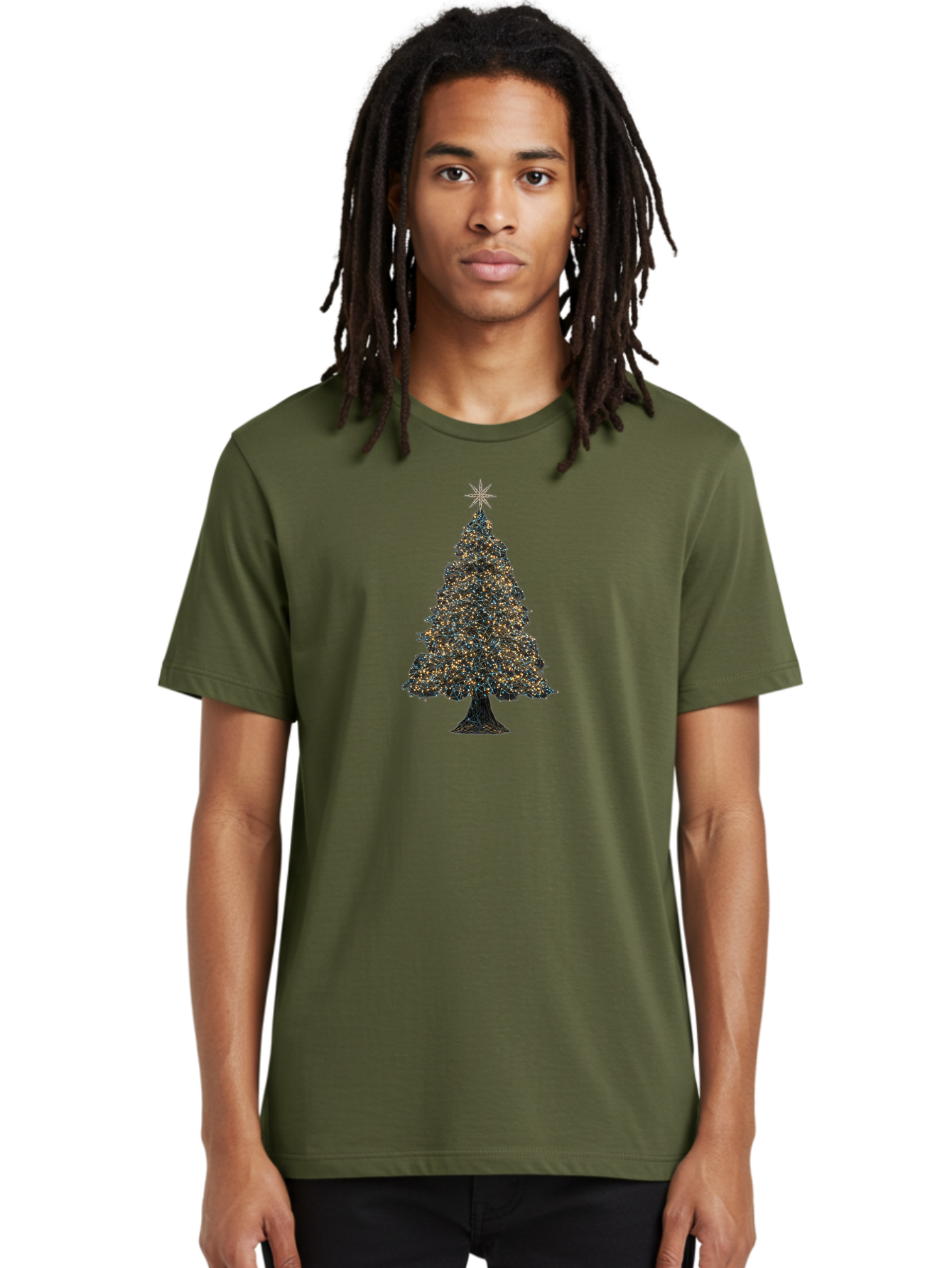 Christmas-Tree-2 Men'S Graphic Tee, 100% Cotton, Comfortable Casual Summer Wear, Machine Washable, Christmas Tree With Lights, Festive Decorations, Holiday Season, Twinkling Lights, Star On Top, Winter Wonderland, Merry Christmas, Bab750 20