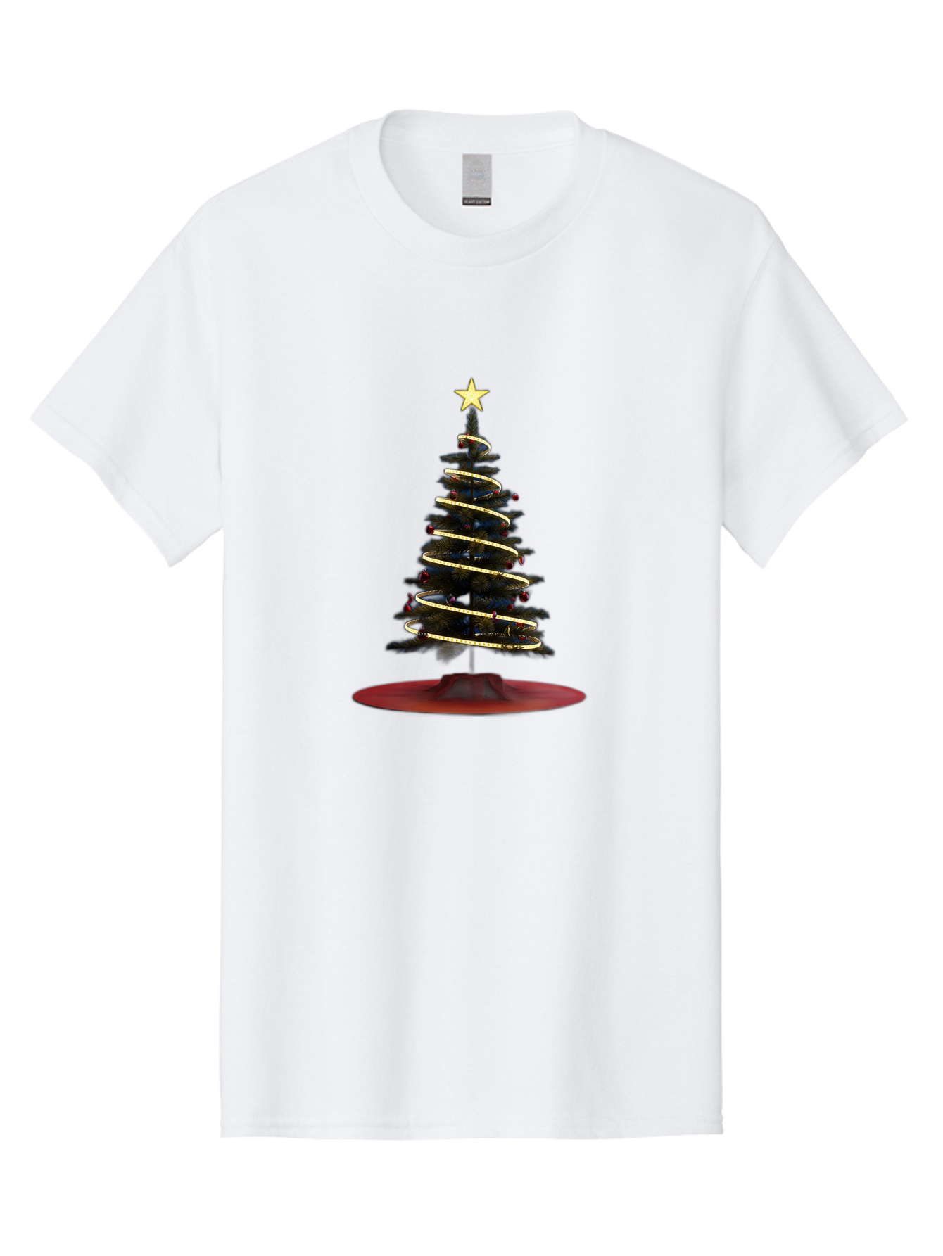 Christmas-Tree Men'S Graphic Tee, 100% Cotton, Comfortable Casual Summer Wear, Machine Washable, Christmas Tree Decoration, Holiday Season, Festive Atmosphere, Spiral Gold Ribbon, Star Topper, Christmas Tree Lights, Winter Wonderland, Bab753 4