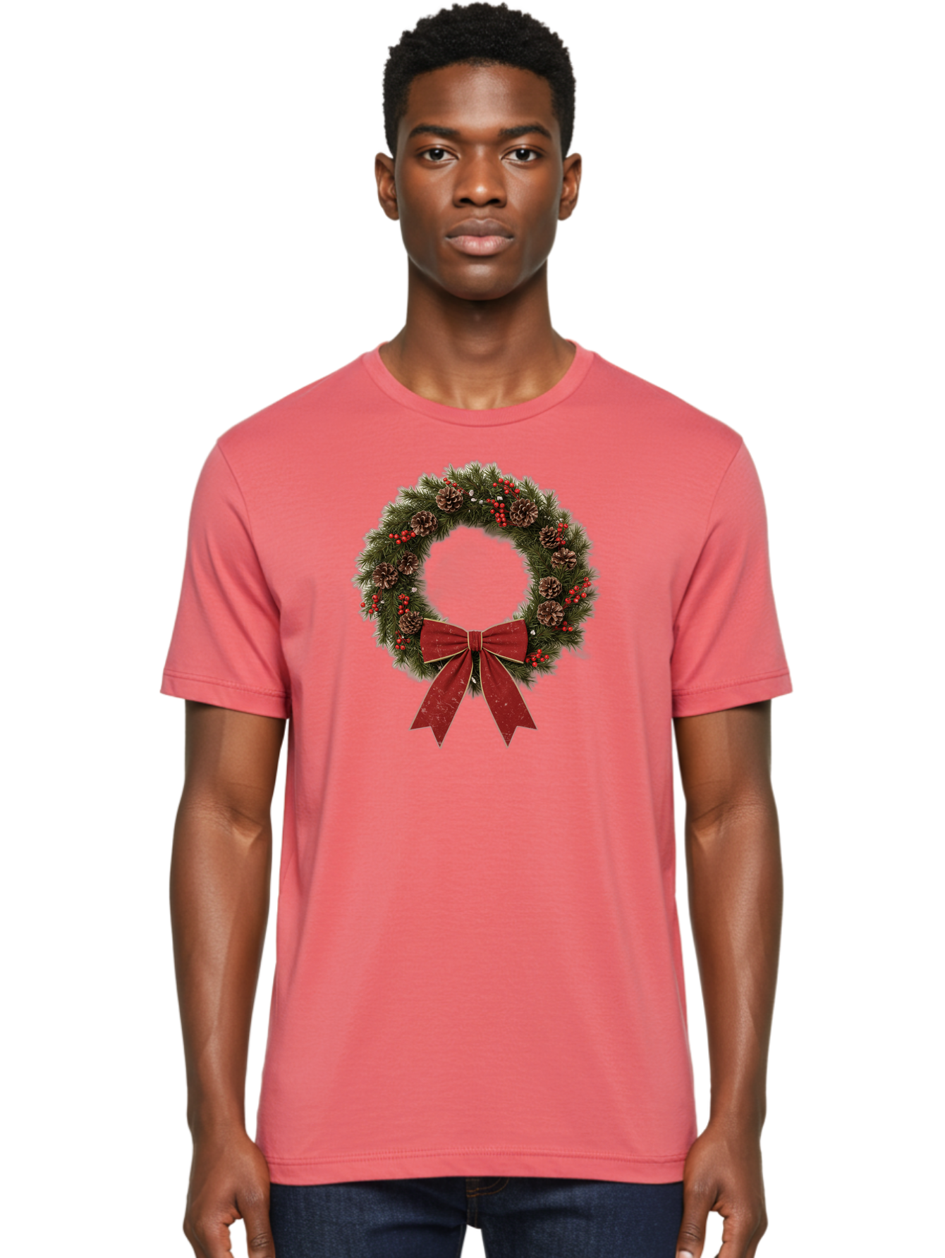 Christmas-Wreath-1 Men'S Graphic Tee, 100% Cotton, Comfortable Casual Summer Wear, Machine Washable, Christmas Wreath, Festive Decoration, Red Bow, Pinecones, Holly Berries, Evergreen Branches, Holiday Decor, Winter Wonderland, Seasonal Decor Bab754 22
