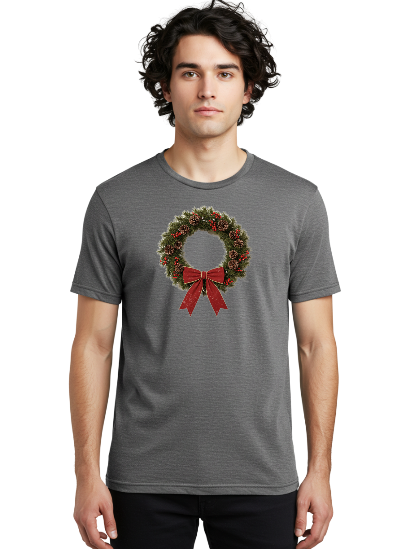 Christmas-Wreath-1 Men'S Graphic Tee, 100% Cotton, Comfortable Casual Summer Wear, Machine Washable, Christmas Wreath, Festive Decoration, Red Bow, Pinecones, Holly Berries, Evergreen Branches, Holiday Decor, Winter Wonderland, Seasonal Decor Bab754 25