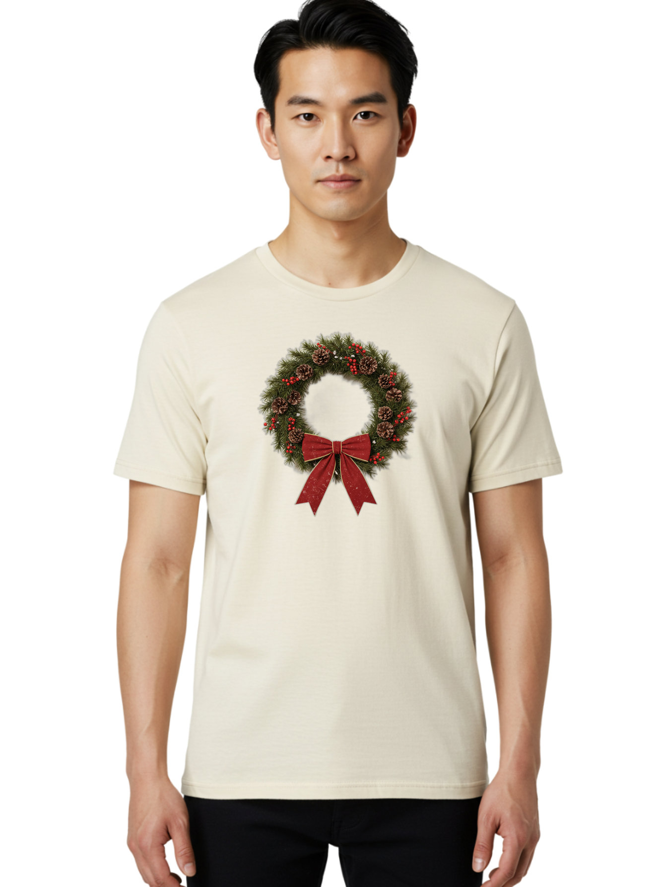 Christmas-Wreath-1 Men'S Graphic Tee, 100% Cotton, Comfortable Casual Summer Wear, Machine Washable, Christmas Wreath, Festive Decoration, Red Bow, Pinecones, Holly Berries, Evergreen Branches, Holiday Decor, Winter Wonderland, Seasonal Decor Bab754 17