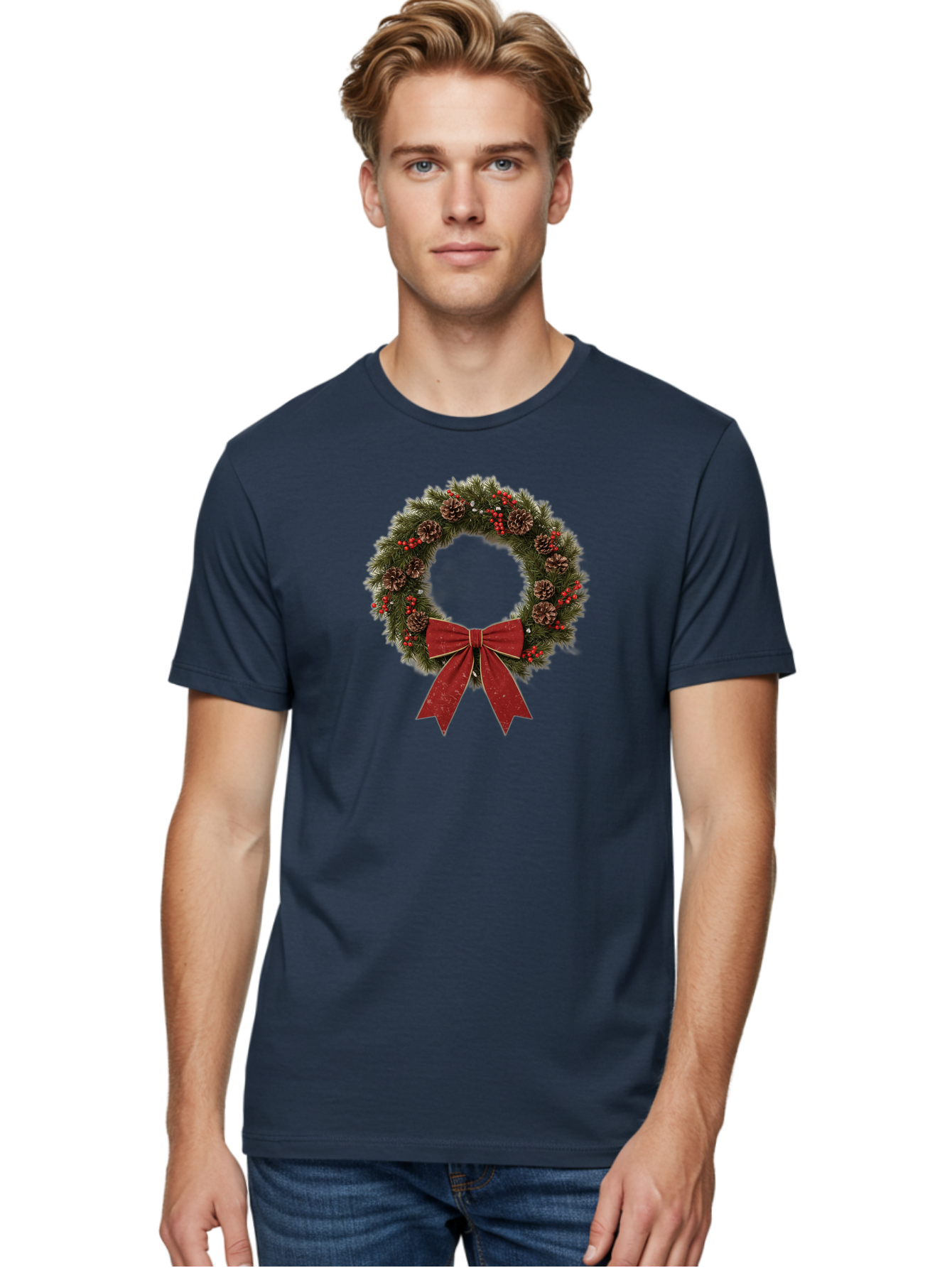 Christmas-Wreath-1 Men'S Graphic Tee, 100% Cotton, Comfortable Casual Summer Wear, Machine Washable, Christmas Wreath, Festive Decoration, Red Bow, Pinecones, Holly Berries, Evergreen Branches, Holiday Decor, Winter Wonderland, Seasonal Decor Bab754 21