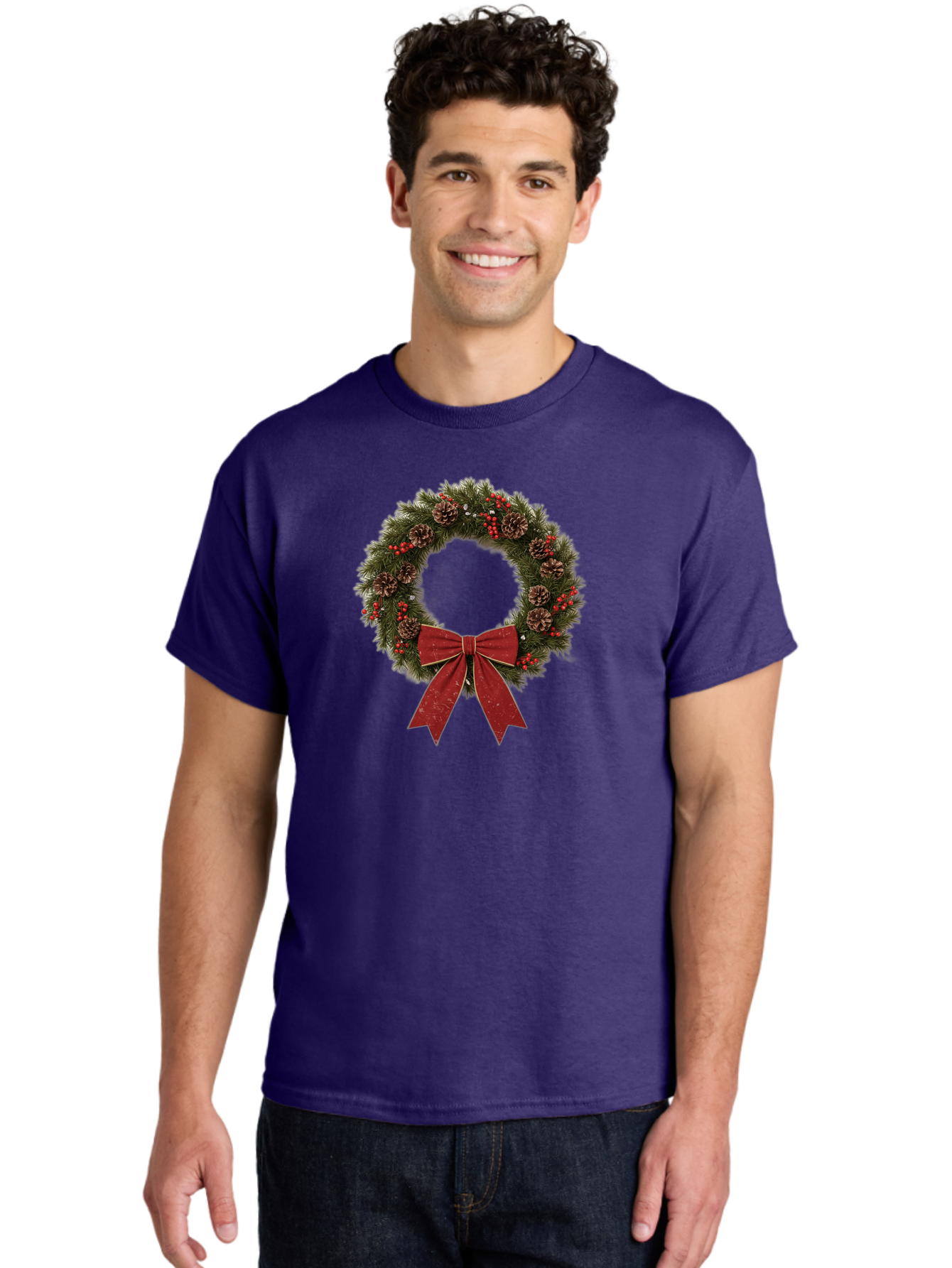 Christmas-Wreath-1 Men'S Graphic Tee, 100% Cotton, Comfortable Casual Summer Wear, Machine Washable, Christmas Wreath, Festive Decoration, Red Bow, Pinecones, Holly Berries, Evergreen Branches, Holiday Decor, Winter Wonderland, Seasonal Decor Bab754 29