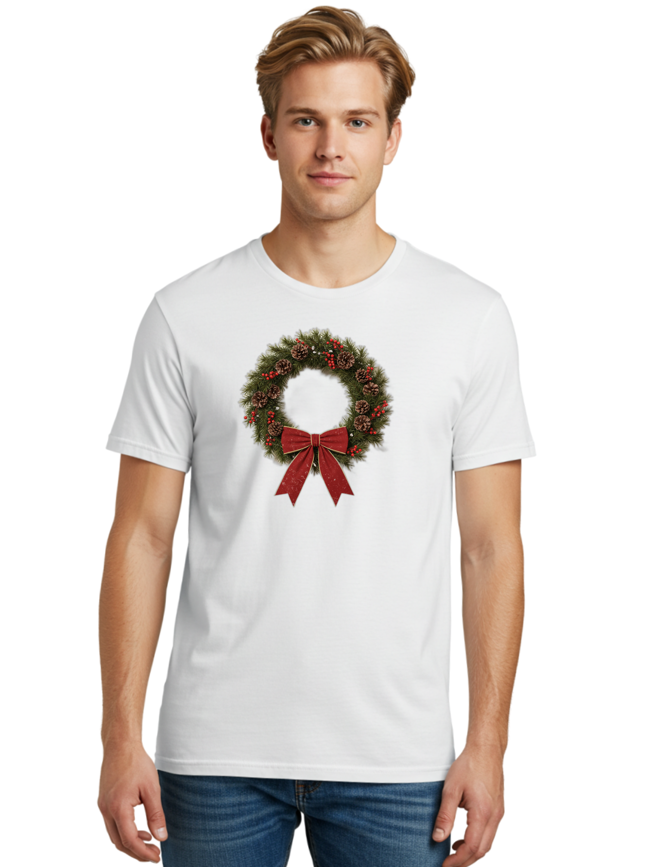 Christmas-Wreath-1 Men'S Graphic Tee, 100% Cotton, Comfortable Casual Summer Wear, Machine Washable, Christmas Wreath, Festive Decoration, Red Bow, Pinecones, Holly Berries, Evergreen Branches, Holiday Decor, Winter Wonderland, Seasonal Decor Bab754 27