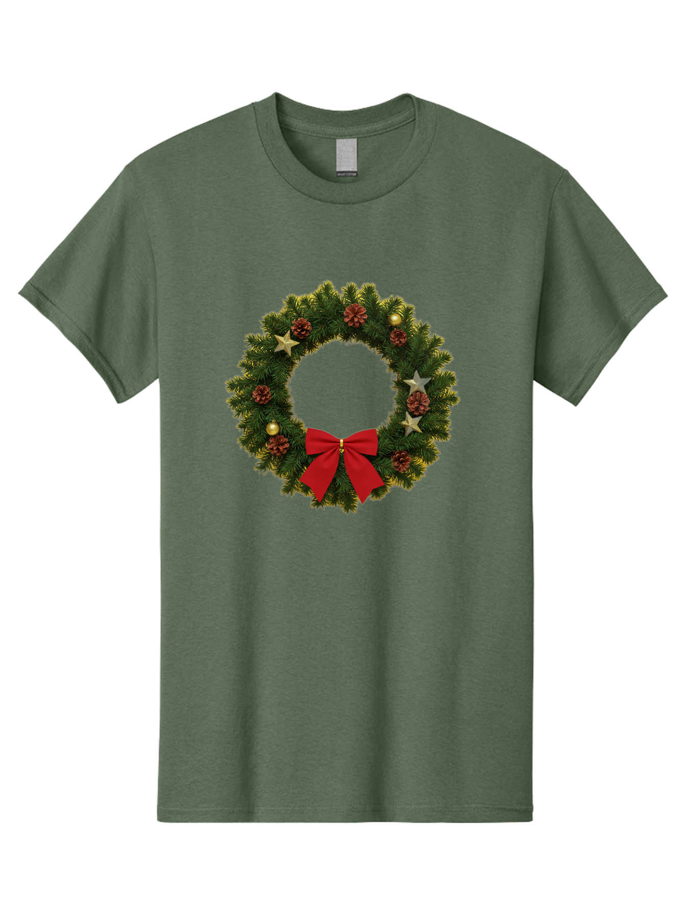 Christmas-Wreath-2 Men'S Graphic Tee, 100% Cotton, Comfortable Casual Summer Wear, Machine Washable, Evergreen Branches, Pinecones, Red Bow, Gold Ornaments, Stars, Festive Decoration, Holiday Decor, Christmas Theme, Seasonal Wreath, Bab755 5