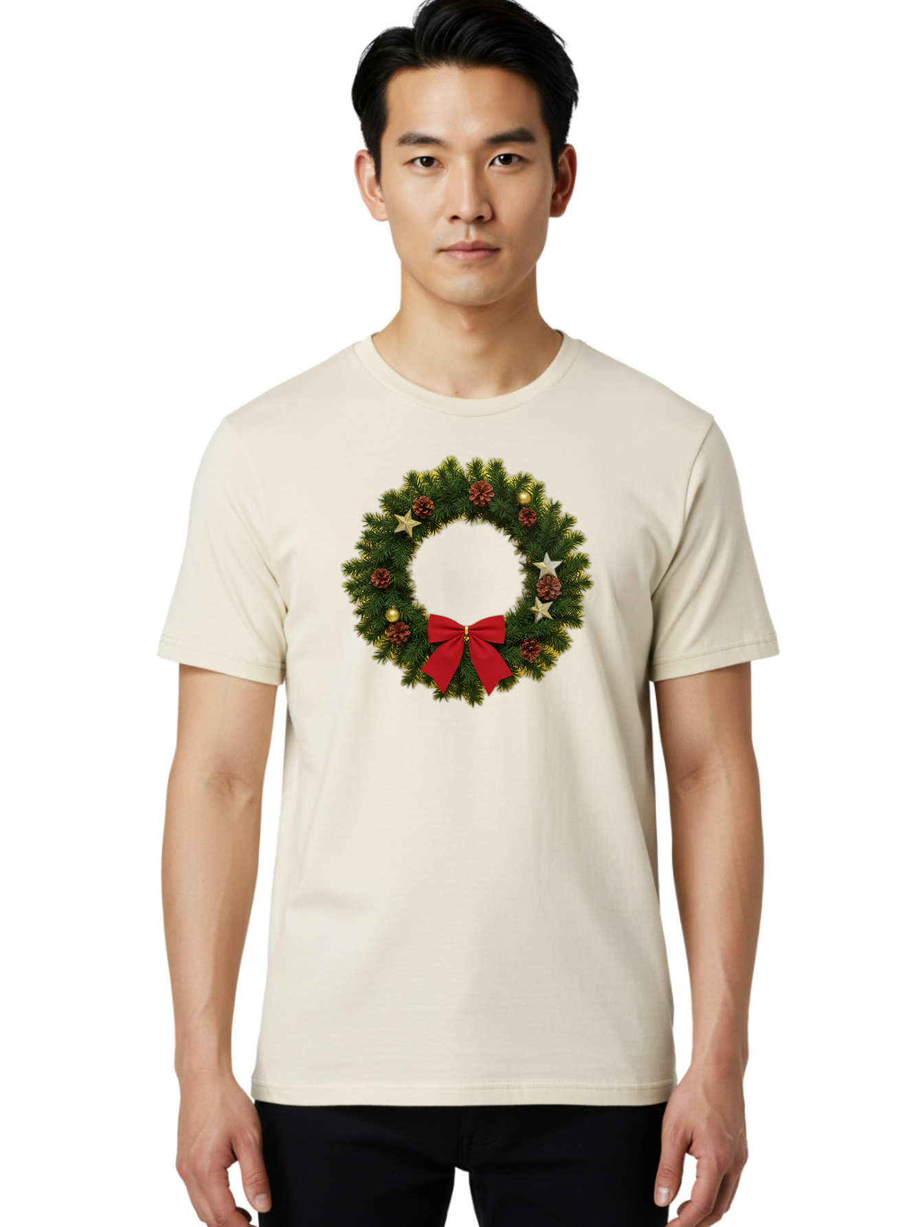 Christmas-Wreath-2 Men'S Graphic Tee, 100% Cotton, Comfortable Casual Summer Wear, Machine Washable, Evergreen Branches, Pinecones, Red Bow, Gold Ornaments, Stars, Festive Decoration, Holiday Decor, Christmas Theme, Seasonal Wreath, Bab755 16