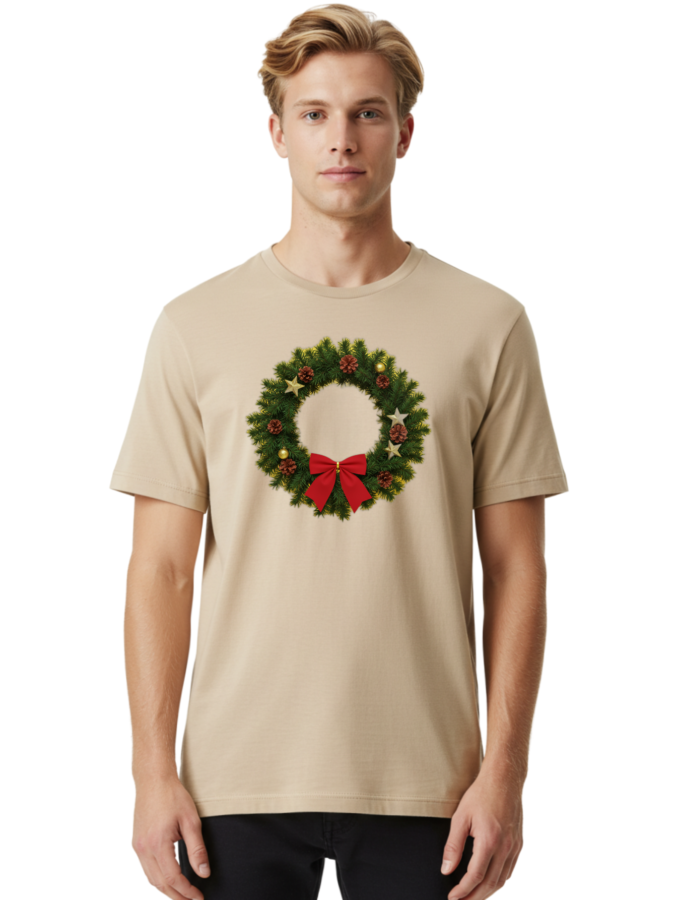 Christmas-Wreath-2 Men'S Graphic Tee, 100% Cotton, Comfortable Casual Summer Wear, Machine Washable, Evergreen Branches, Pinecones, Red Bow, Gold Ornaments, Stars, Festive Decoration, Holiday Decor, Christmas Theme, Seasonal Wreath, Bab755 28