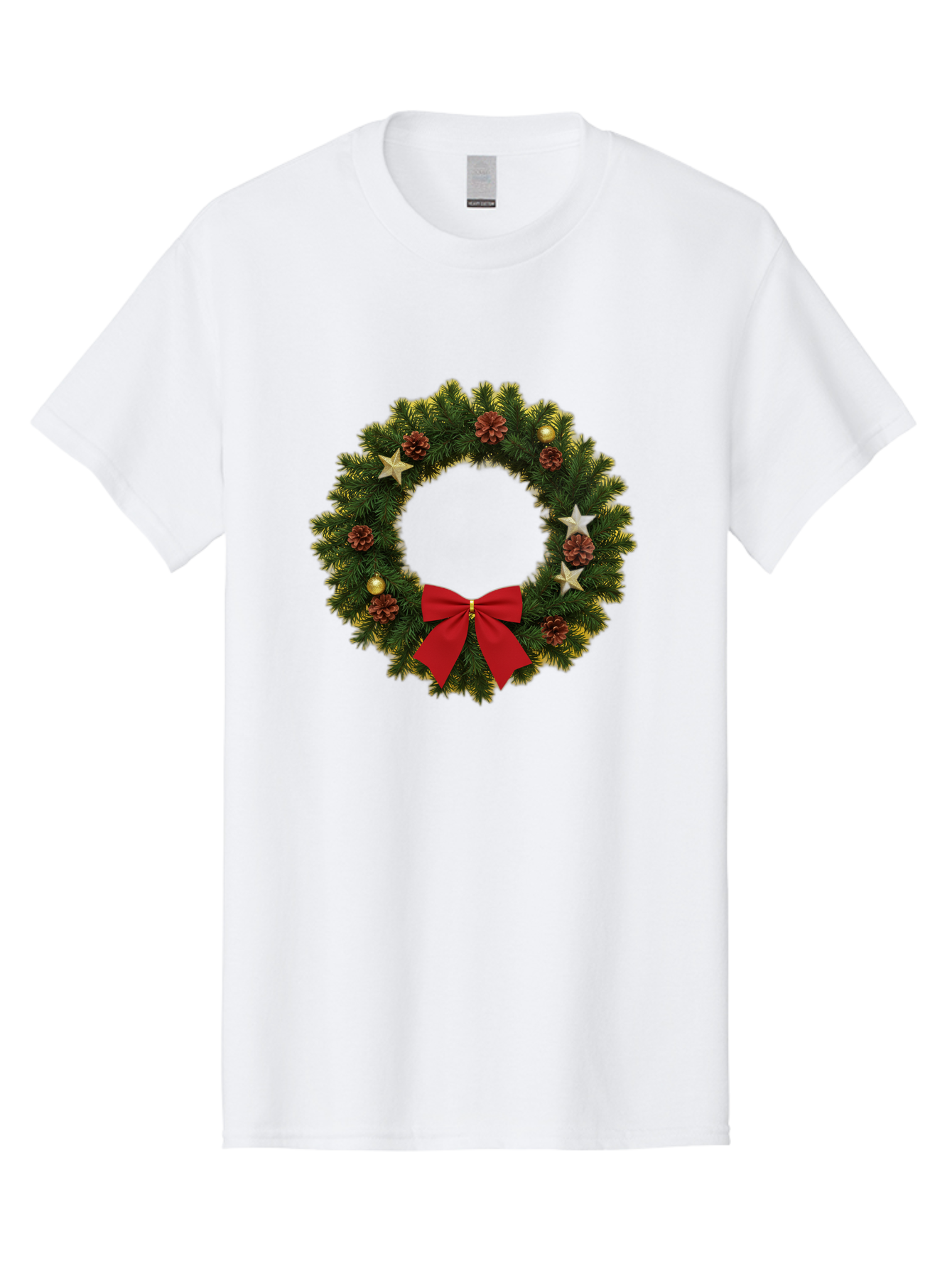 Christmas-Wreath-2 Men'S Graphic Tee, 100% Cotton, Comfortable Casual Summer Wear, Machine Washable, Evergreen Branches, Pinecones, Red Bow, Gold Ornaments, Stars, Festive Decoration, Holiday Decor, Christmas Theme, Seasonal Wreath, Bab755 3