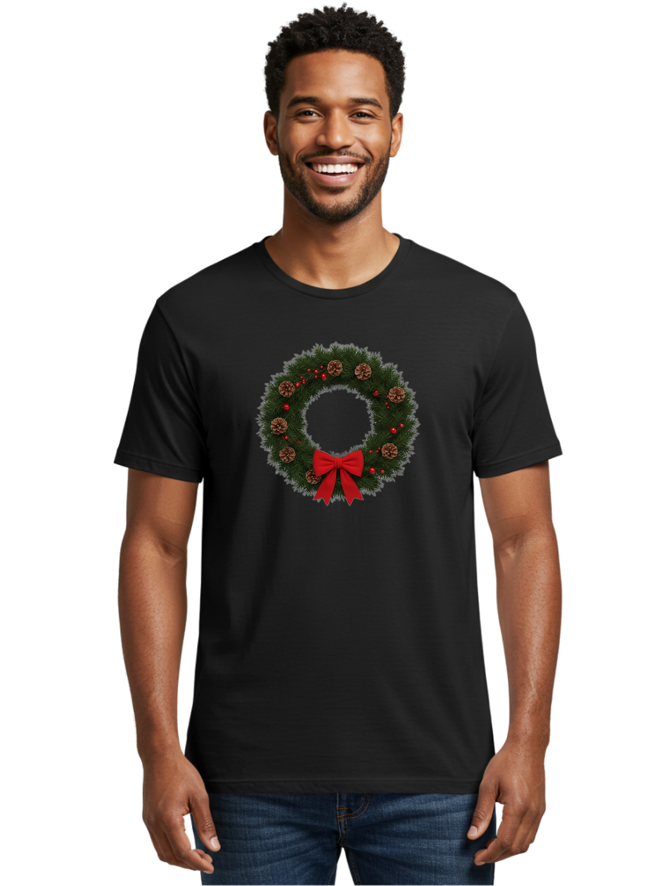 Christmas-Wreath-3 Men'S Graphic Tee, 100% Cotton, Comfortable Casual Summer Wear, Machine Washable, Christmas Wreath With Pinecones, Red Baubles, Red Bow, Festive Decorations, Holiday Decor, Evergreen Branches, Seasonal Theme, Bab756 23
