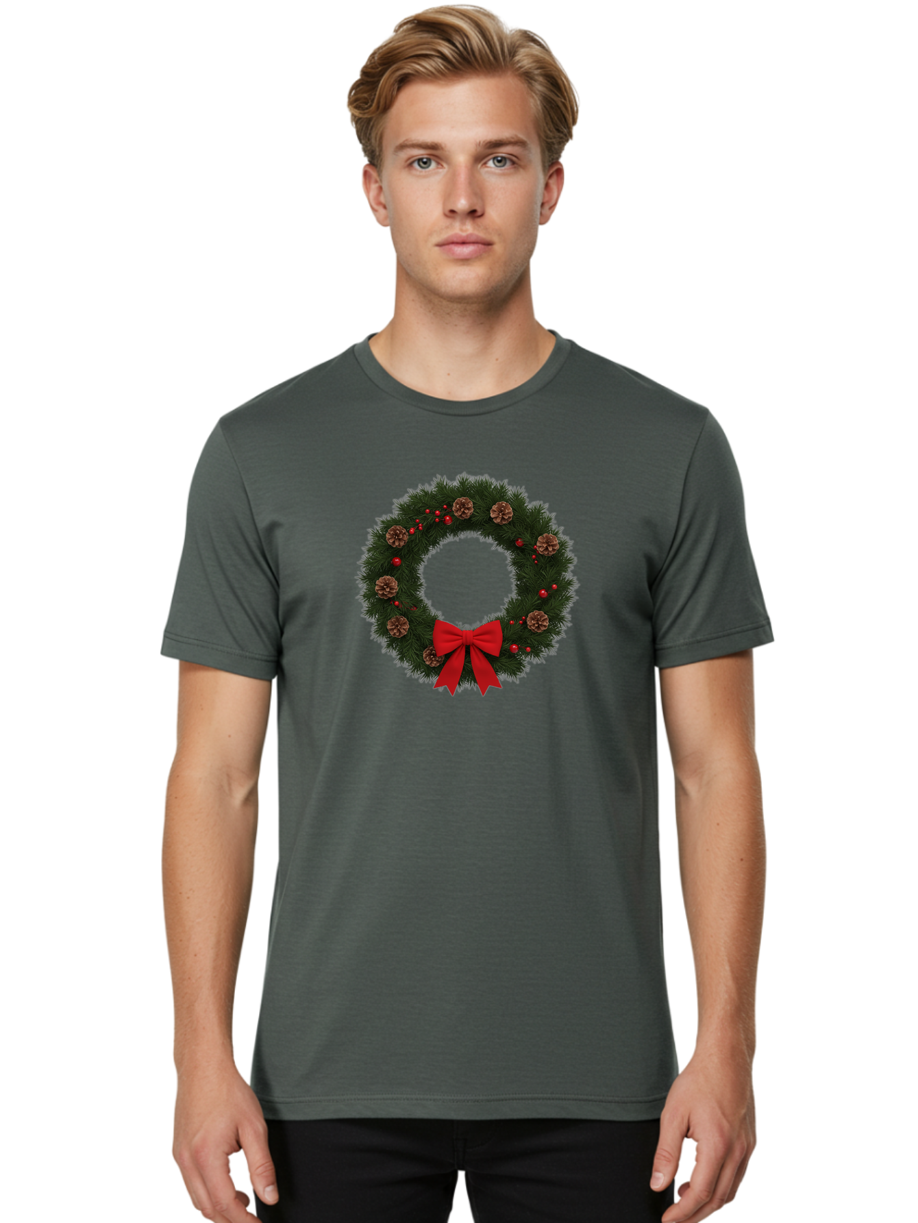 Christmas-Wreath-3 Men'S Graphic Tee, 100% Cotton, Comfortable Casual Summer Wear, Machine Washable, Christmas Wreath With Pinecones, Red Baubles, Red Bow, Festive Decorations, Holiday Decor, Evergreen Branches, Seasonal Theme, Bab756 22