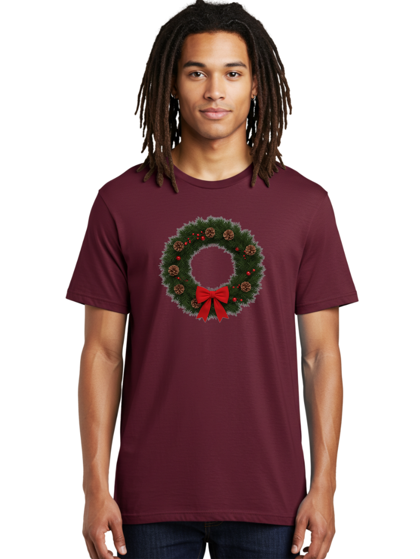 Christmas-Wreath-3 Men'S Graphic Tee, 100% Cotton, Comfortable Casual Summer Wear, Machine Washable, Christmas Wreath With Pinecones, Red Baubles, Red Bow, Festive Decorations, Holiday Decor, Evergreen Branches, Seasonal Theme, Bab756 18
