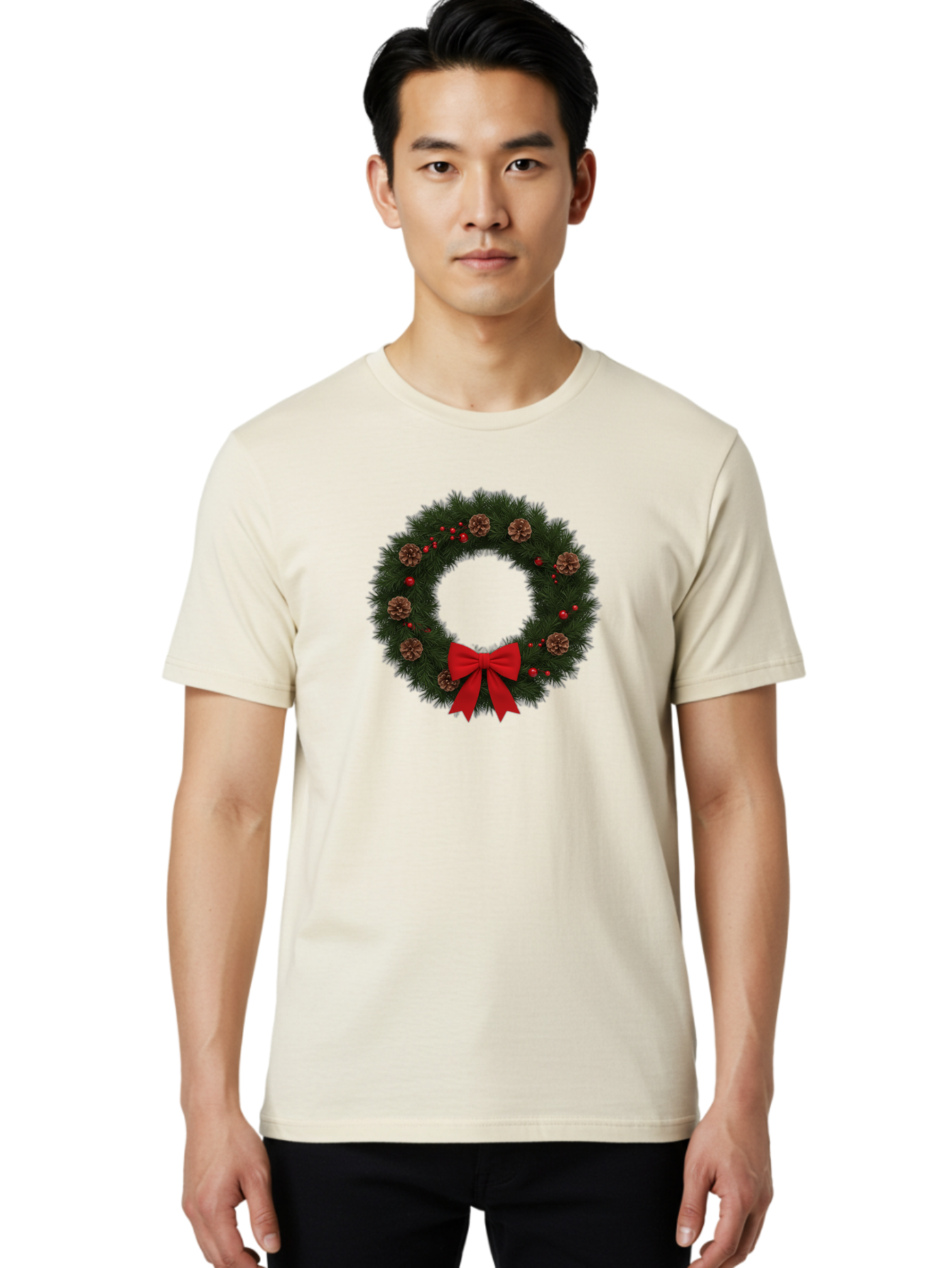 Christmas-Wreath-3 Men'S Graphic Tee, 100% Cotton, Comfortable Casual Summer Wear, Machine Washable, Christmas Wreath With Pinecones, Red Baubles, Red Bow, Festive Decorations, Holiday Decor, Evergreen Branches, Seasonal Theme, Bab756 17