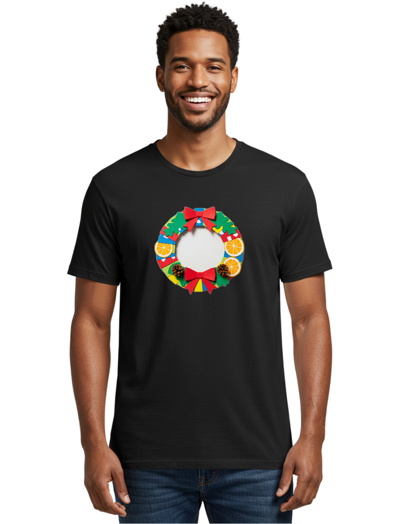 Christmas-Wreath-4 Men'S Graphic Tee, 100% Cotton, Comfortable Casual Summer Wear, Machine Washable, Colorful Christmas Wreath, Festive Decorations, Red Bows, Pine Cones, Orange Slices, Holiday Decor, Seasonal Decor, Christmas Decorations, Bab757 27