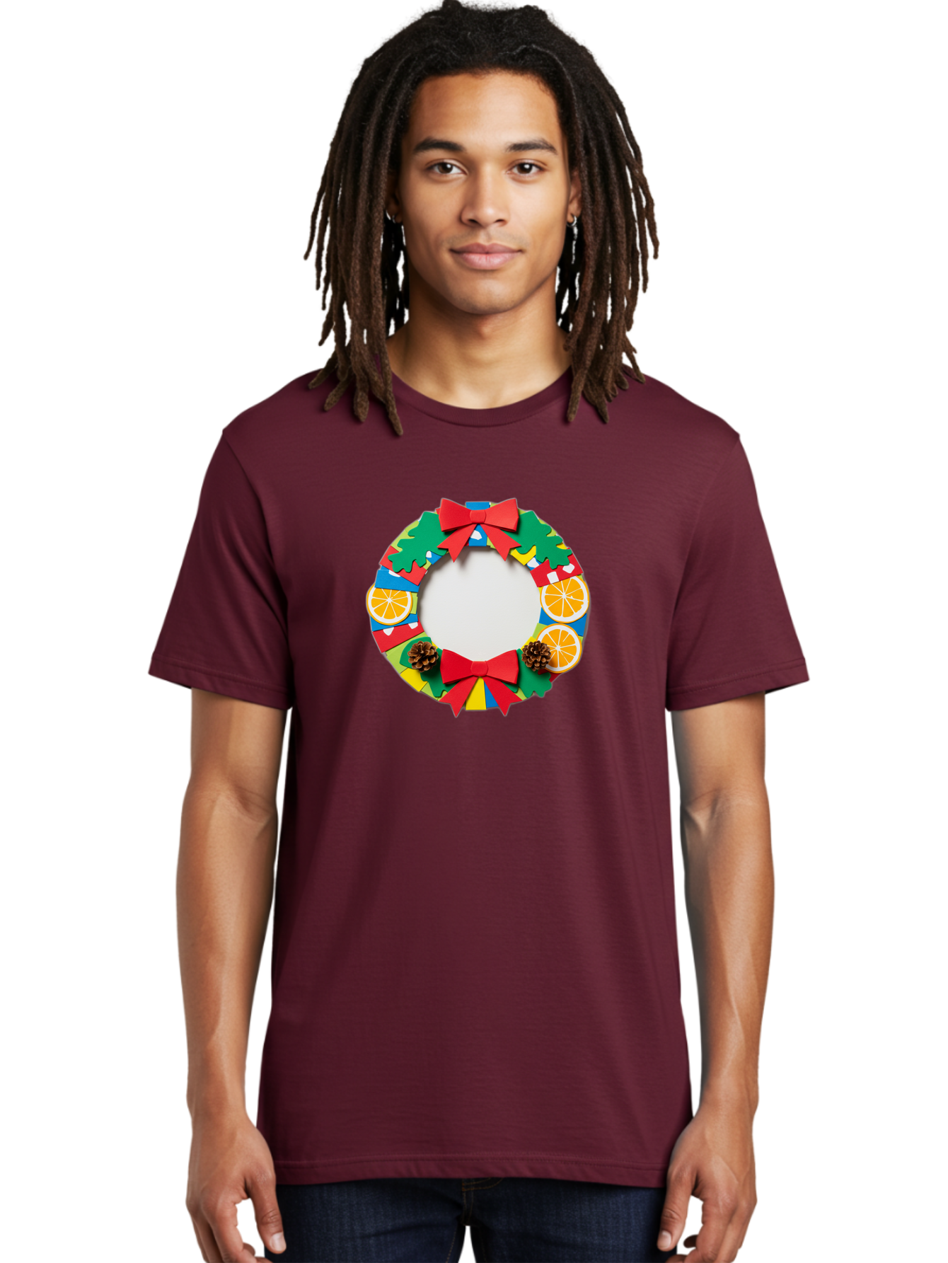 Christmas-Wreath-4 Men'S Graphic Tee, 100% Cotton, Comfortable Casual Summer Wear, Machine Washable, Colorful Christmas Wreath, Festive Decorations, Red Bows, Pine Cones, Orange Slices, Holiday Decor, Seasonal Decor, Christmas Decorations, Bab757 28