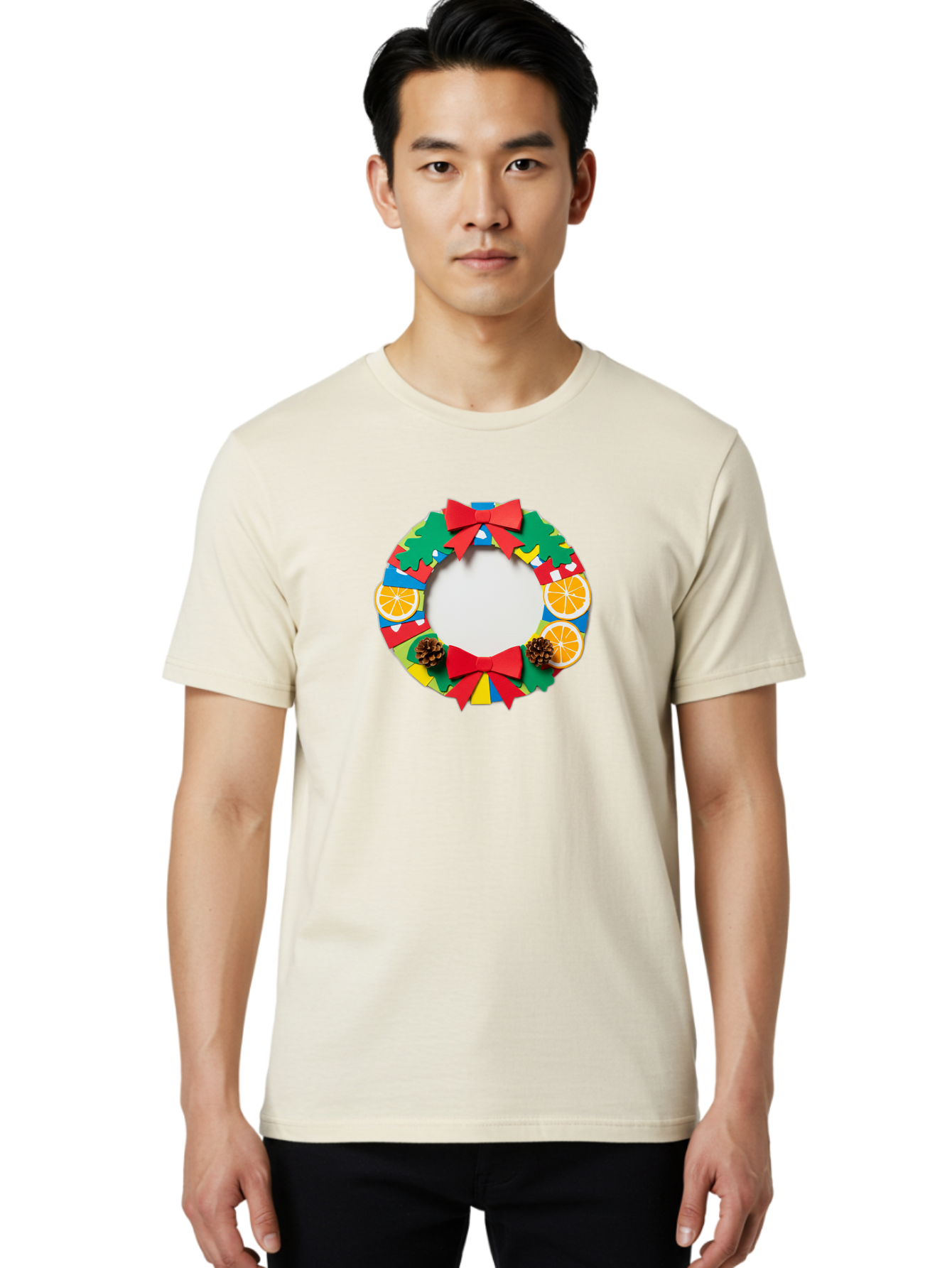 Christmas-Wreath-4 Men'S Graphic Tee, 100% Cotton, Comfortable Casual Summer Wear, Machine Washable, Colorful Christmas Wreath, Festive Decorations, Red Bows, Pine Cones, Orange Slices, Holiday Decor, Seasonal Decor, Christmas Decorations, Bab757 25