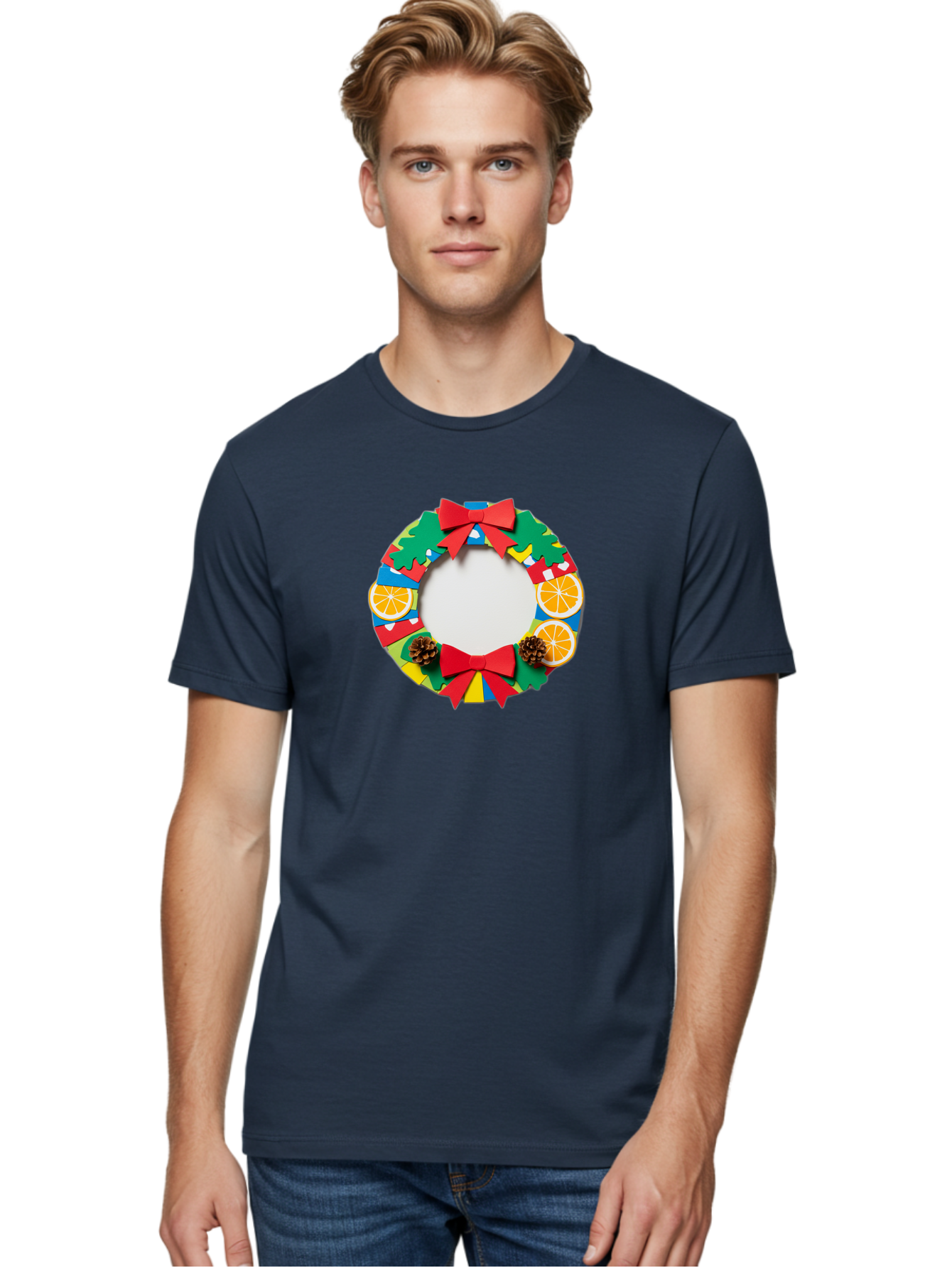 Christmas-Wreath-4 Men'S Graphic Tee, 100% Cotton, Comfortable Casual Summer Wear, Machine Washable, Colorful Christmas Wreath, Festive Decorations, Red Bows, Pine Cones, Orange Slices, Holiday Decor, Seasonal Decor, Christmas Decorations, Bab757 26