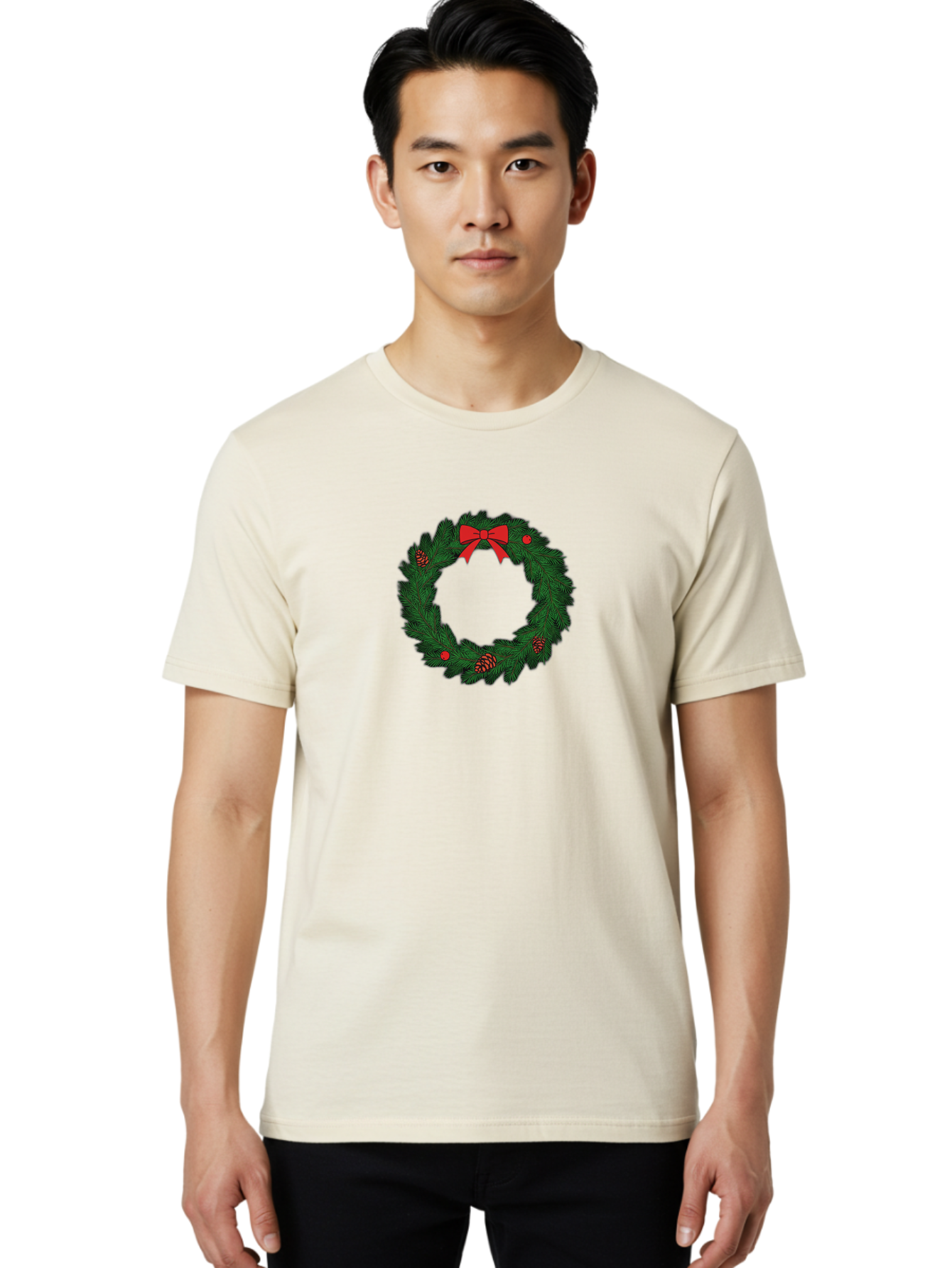 Christmas-Wreath Men'S Graphic Tee, 100% Cotton, Comfortable Casual Summer Wear, Machine Washable, Christmas Wreath, Evergreen Branches, Red Bow, Pinecones, Red Ornaments, Festive Decoration, Holiday Decor, Seasonal Design, Christmas Theme Bab759 20