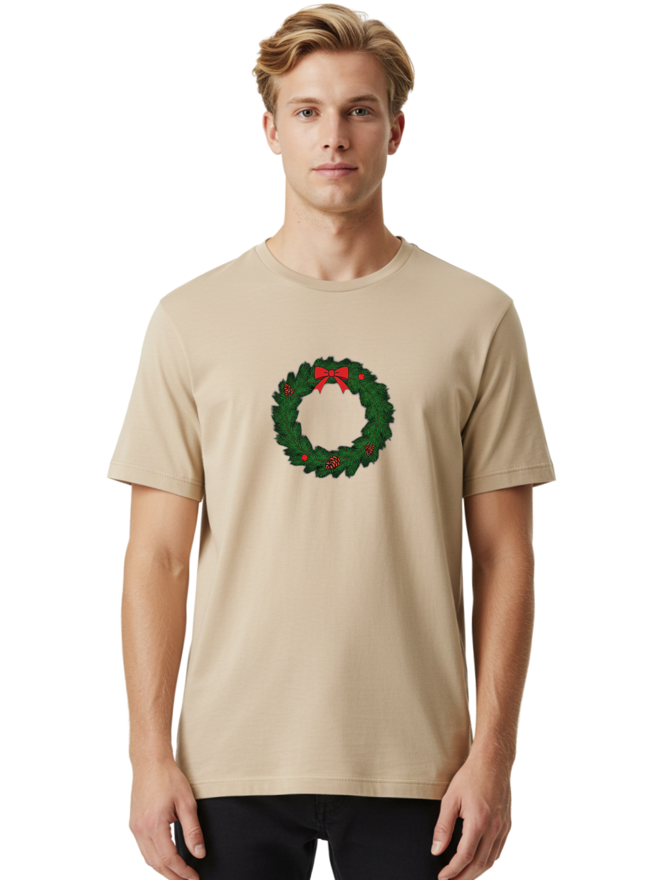 Christmas-Wreath Men'S Graphic Tee, 100% Cotton, Comfortable Casual Summer Wear, Machine Washable, Christmas Wreath, Evergreen Branches, Red Bow, Pinecones, Red Ornaments, Festive Decoration, Holiday Decor, Seasonal Design, Christmas Theme Bab759 27