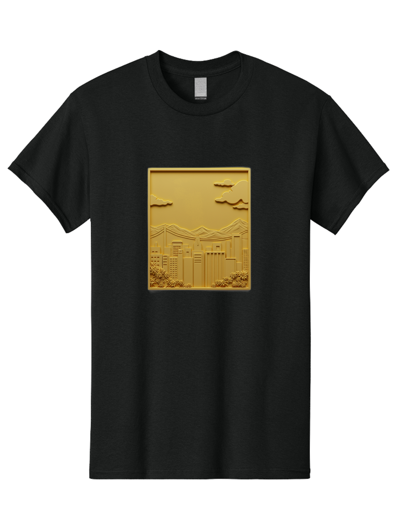 Cityscape Men'S Graphic Tee, 100% Cotton, Comfortable Casual Summer Wear, Machine Washable, Cityscape, Urban Landscape, Modern Architecture, Skyscrapers, Mountains, Clouds, 3D Artwork, Decorative Panel, Gold Tone, City View, Bab760 12