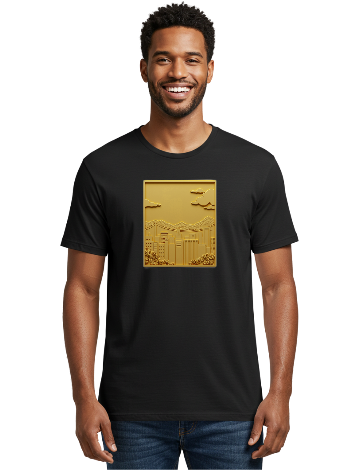 Cityscape Men'S Graphic Tee, 100% Cotton, Comfortable Casual Summer Wear, Machine Washable, Cityscape, Urban Landscape, Modern Architecture, Skyscrapers, Mountains, Clouds, 3D Artwork, Decorative Panel, Gold Tone, City View, Bab760 27