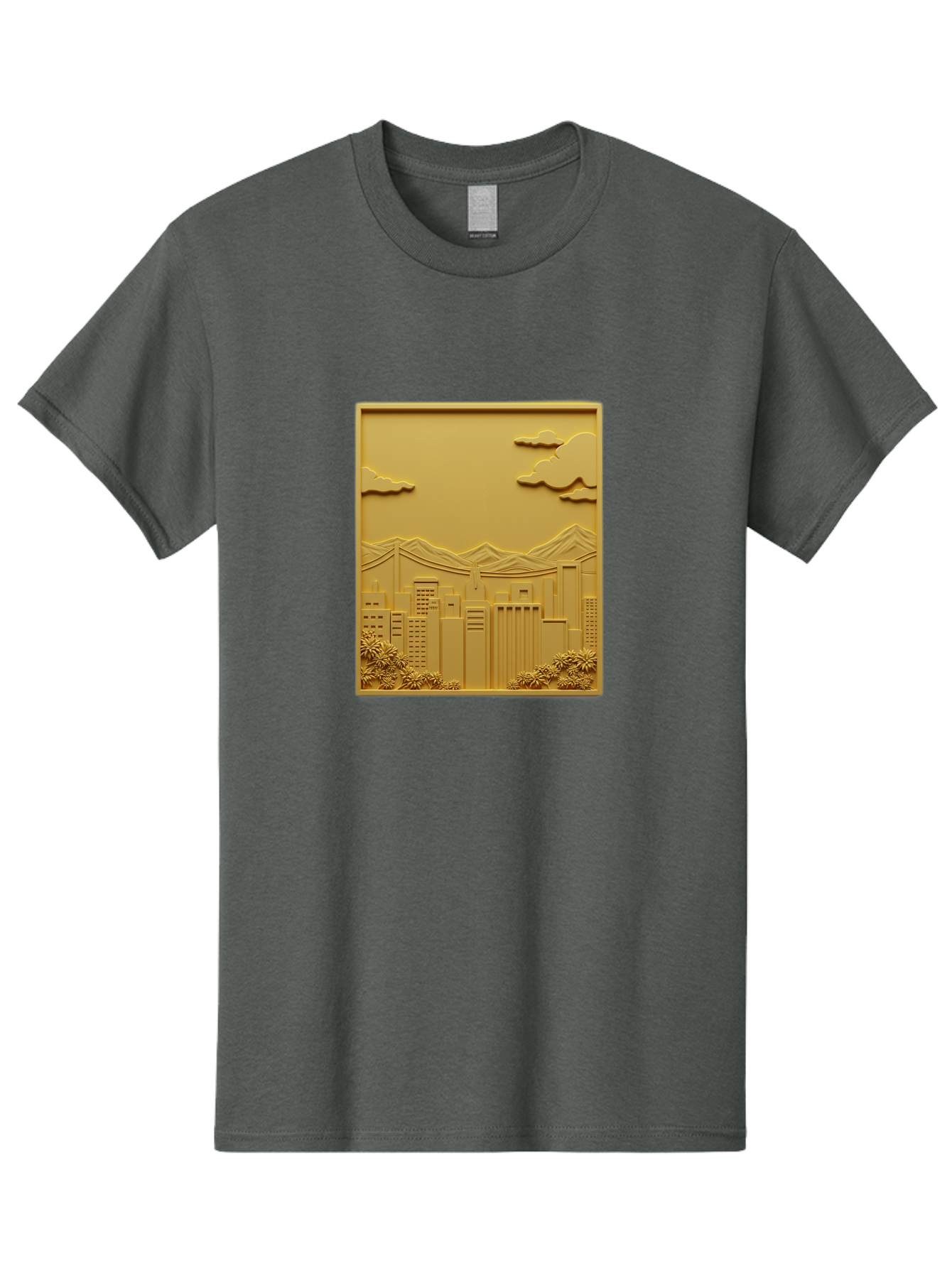 Cityscape Men'S Graphic Tee, 100% Cotton, Comfortable Casual Summer Wear, Machine Washable, Cityscape, Urban Landscape, Modern Architecture, Skyscrapers, Mountains, Clouds, 3D Artwork, Decorative Panel, Gold Tone, City View, Bab760 7