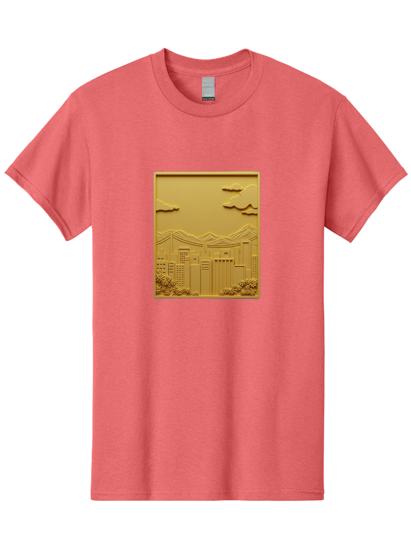 Cityscape Men'S Graphic Tee, 100% Cotton, Comfortable Casual Summer Wear, Machine Washable, Cityscape, Urban Landscape, Modern Architecture, Skyscrapers, Mountains, Clouds, 3D Artwork, Decorative Panel, Gold Tone, City View, Bab760 4