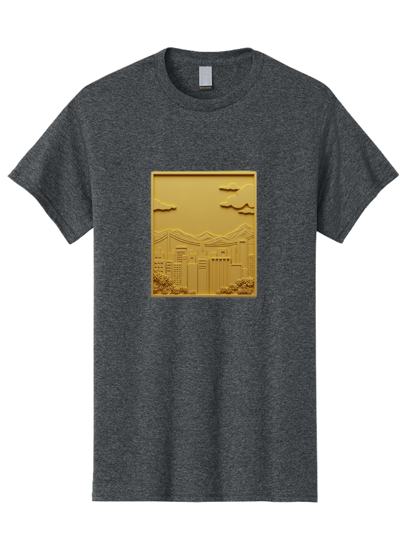 Cityscape Men'S Graphic Tee, 100% Cotton, Comfortable Casual Summer Wear, Machine Washable, Cityscape, Urban Landscape, Modern Architecture, Skyscrapers, Mountains, Clouds, 3D Artwork, Decorative Panel, Gold Tone, City View, Bab760 9