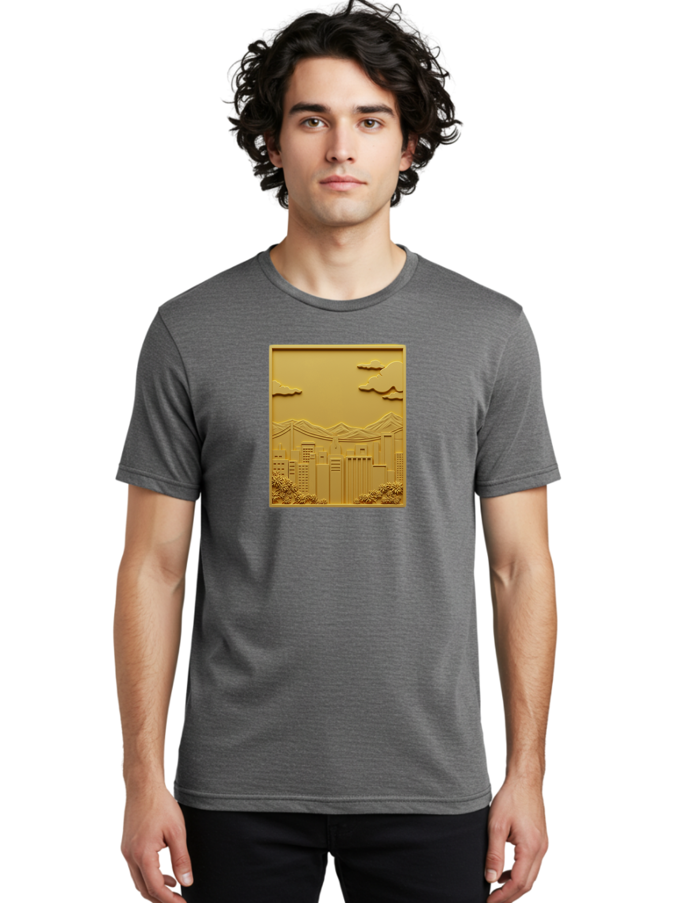 Cityscape Men'S Graphic Tee, 100% Cotton, Comfortable Casual Summer Wear, Machine Washable, Cityscape, Urban Landscape, Modern Architecture, Skyscrapers, Mountains, Clouds, 3D Artwork, Decorative Panel, Gold Tone, City View, Bab760 29