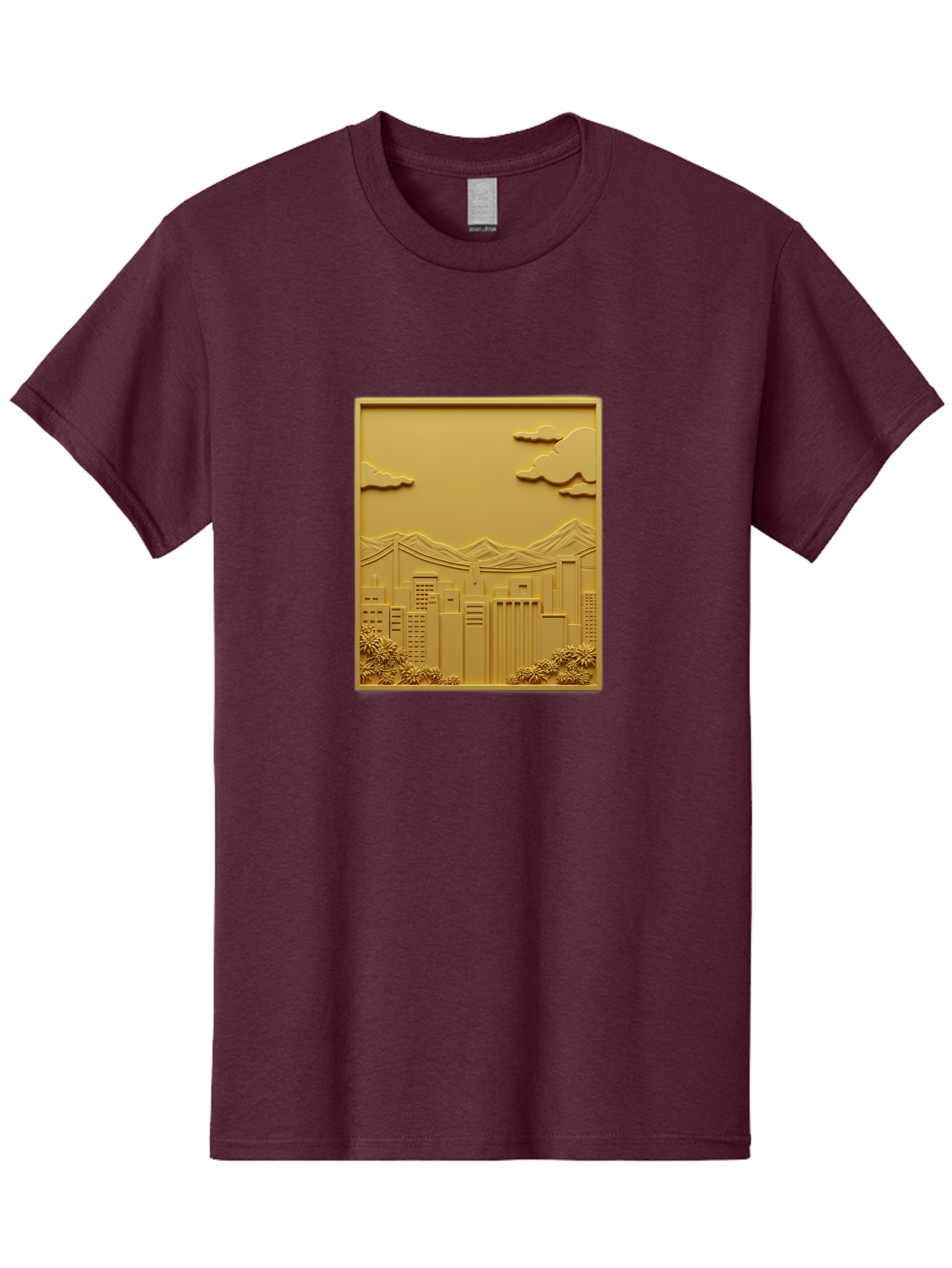 Cityscape Men'S Graphic Tee, 100% Cotton, Comfortable Casual Summer Wear, Machine Washable, Cityscape, Urban Landscape, Modern Architecture, Skyscrapers, Mountains, Clouds, 3D Artwork, Decorative Panel, Gold Tone, City View, Bab760 13