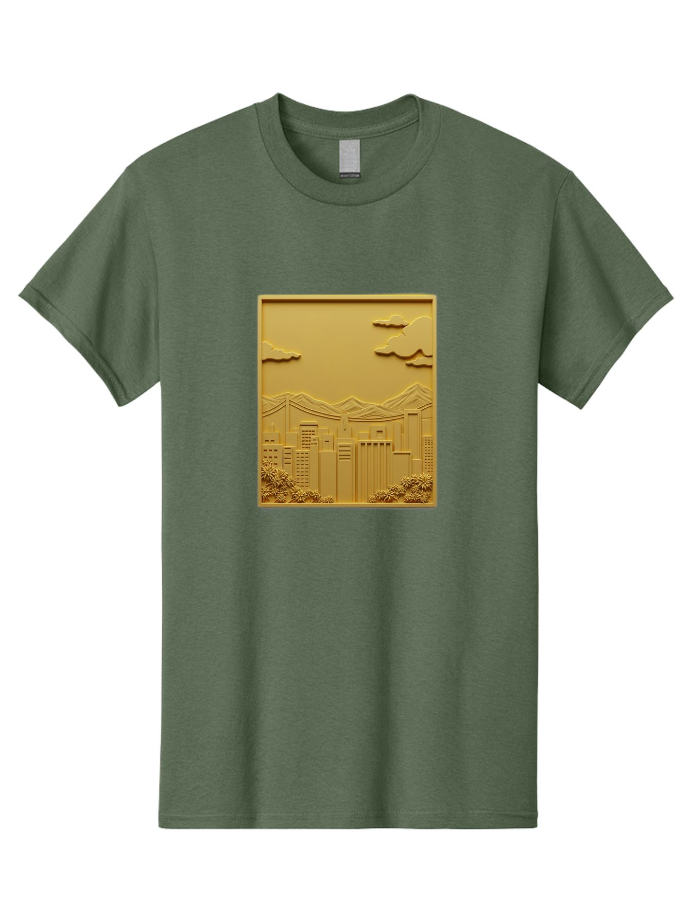 Cityscape Men'S Graphic Tee, 100% Cotton, Comfortable Casual Summer Wear, Machine Washable, Cityscape, Urban Landscape, Modern Architecture, Skyscrapers, Mountains, Clouds, 3D Artwork, Decorative Panel, Gold Tone, City View, Bab760 8