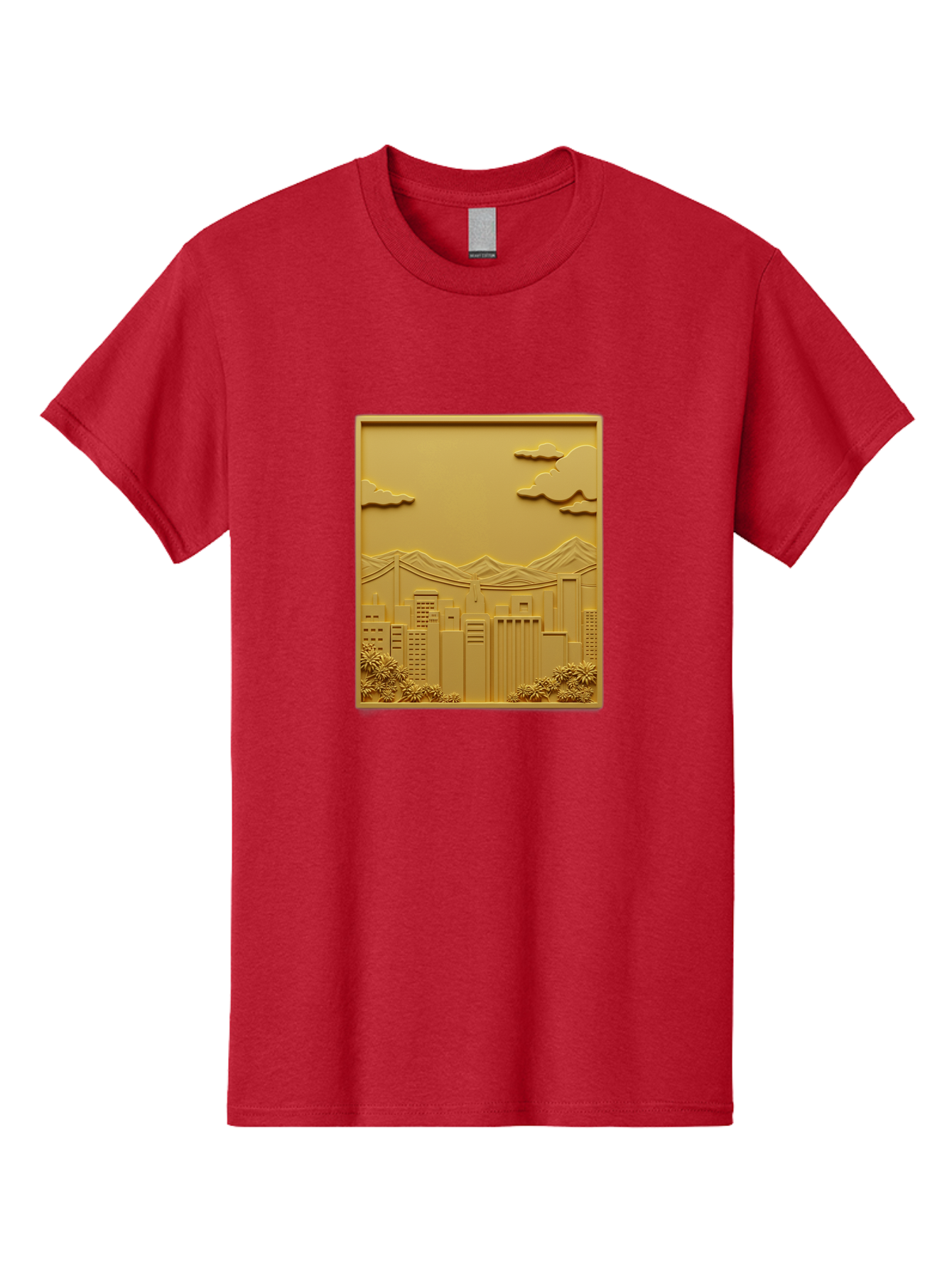 Cityscape Men'S Graphic Tee, 100% Cotton, Comfortable Casual Summer Wear, Machine Washable, Cityscape, Urban Landscape, Modern Architecture, Skyscrapers, Mountains, Clouds, 3D Artwork, Decorative Panel, Gold Tone, City View, Bab760 3