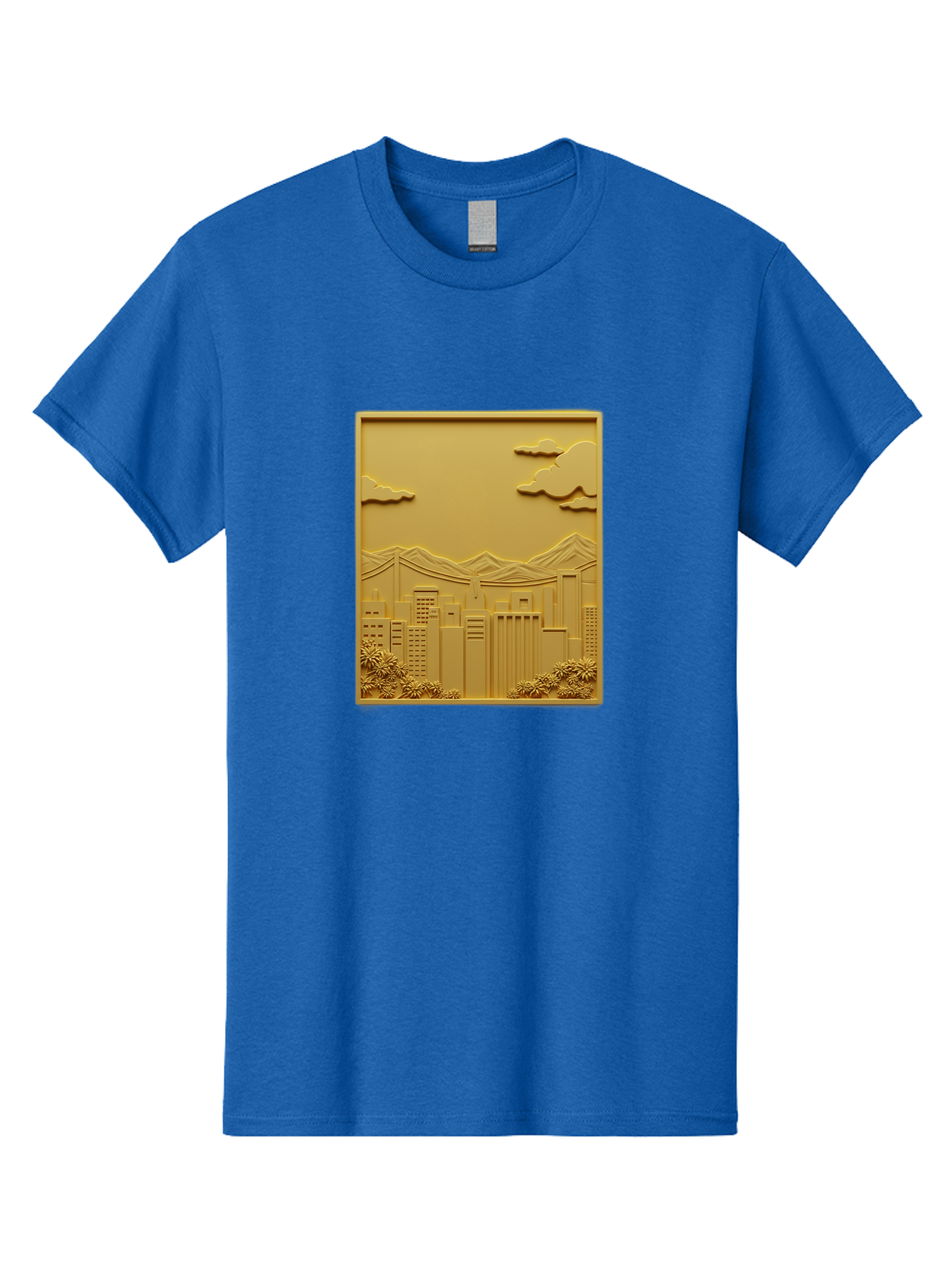 Cityscape Men'S Graphic Tee, 100% Cotton, Comfortable Casual Summer Wear, Machine Washable, Cityscape, Urban Landscape, Modern Architecture, Skyscrapers, Mountains, Clouds, 3D Artwork, Decorative Panel, Gold Tone, City View, Bab760 5