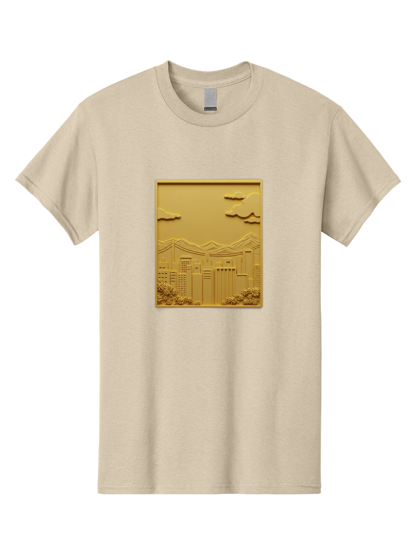 Cityscape Men'S Graphic Tee, 100% Cotton, Comfortable Casual Summer Wear, Machine Washable, Cityscape, Urban Landscape, Modern Architecture, Skyscrapers, Mountains, Clouds, 3D Artwork, Decorative Panel, Gold Tone, City View, Bab760 11