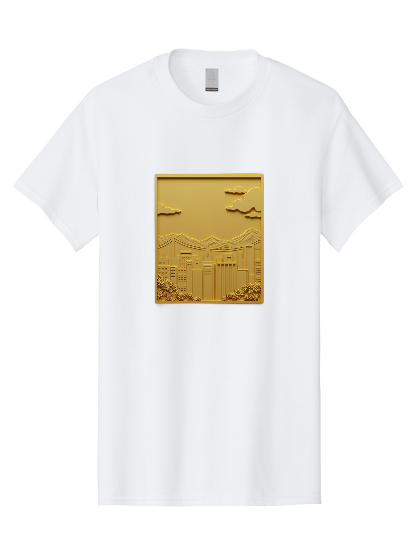 Cityscape Men'S Graphic Tee, 100% Cotton, Comfortable Casual Summer Wear, Machine Washable, Cityscape, Urban Landscape, Modern Architecture, Skyscrapers, Mountains, Clouds, 3D Artwork, Decorative Panel, Gold Tone, City View, Bab760 2