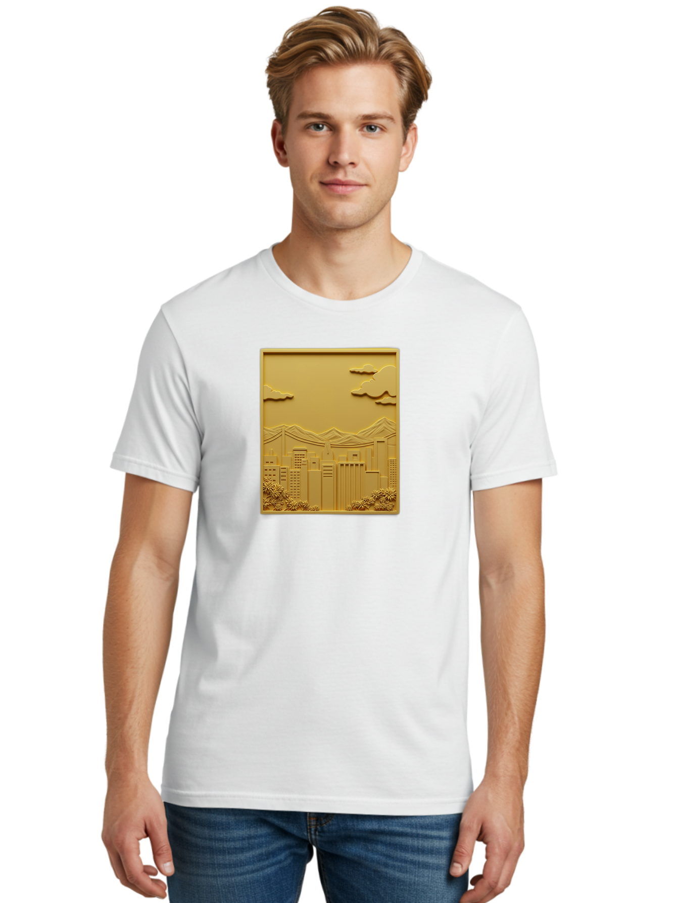 Cityscape Men'S Graphic Tee, 100% Cotton, Comfortable Casual Summer Wear, Machine Washable, Cityscape, Urban Landscape, Modern Architecture, Skyscrapers, Mountains, Clouds, 3D Artwork, Decorative Panel, Gold Tone, City View, Bab760 17